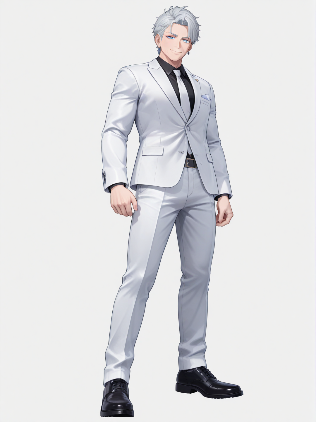 [3d-anime-style] 1boy, mature_male, sharp_jawline, silver_hair, confident_smile, tall, elegant_suit, piercing_blue_eyes, charming_expression, single character, full body, looking at viewer, anime style, simple background, white background