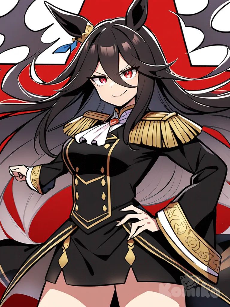 umamusume, Long black hair, knee-length hair, straight hair, silky hair, red eyes, sharp eyes, 190 centimeter tall, flirtatious personality, proud smile, villain, tall female, solo, determined look, competitive, proud, military clothing, short skirt, aristocratic clothing, black clothes, reddish strands, long bangs, dark aura