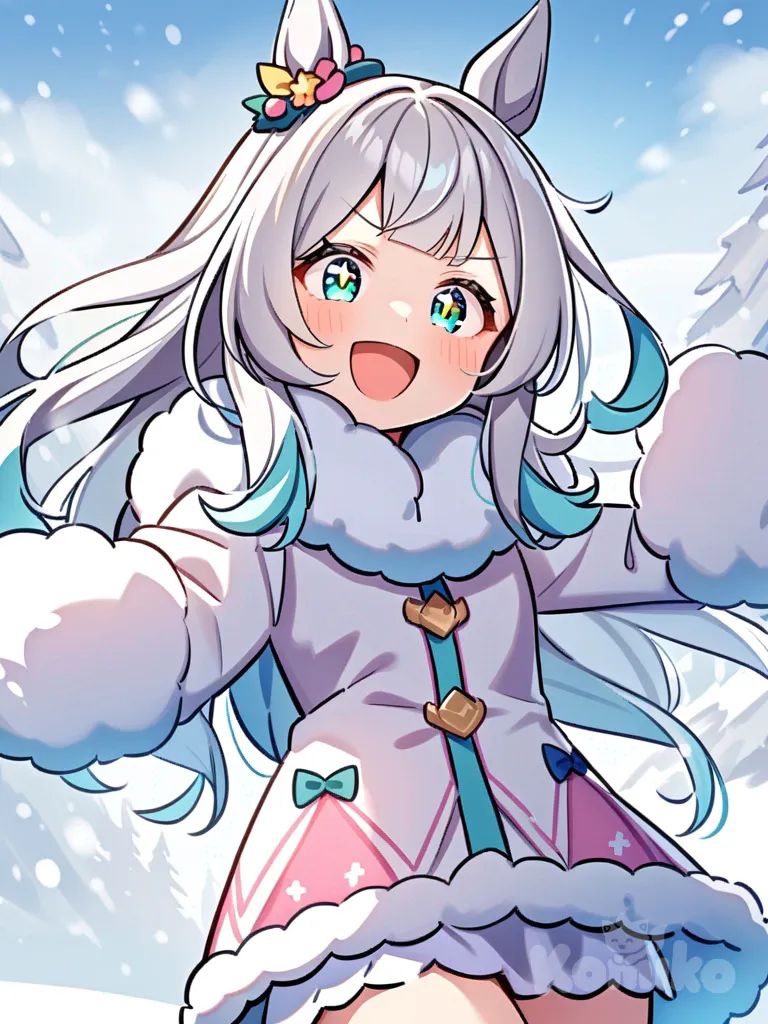 umamusume, Silver hair, straight hair, straight bangs, fair skin, aquamarine eyes, average height, 167 cm tall, dreamy eyes, mischievous smile, cheerful personality, outgoing, enthusiastic expression, snow, determined expression, playful, laughing, sparkling eyes, long hair, solo, light blue hair strands, fluffy outfit, short skirt, scarf, winter accessories for the hair