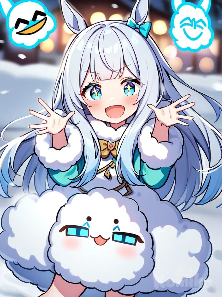 umamusume, Silver hair, straight hair, straight bangs, fair skin, aquamarine eyes, average height, 167 cm tall, dreamy eyes, mischievous smile, cheerful personality, outgoing, enthusiastic expression, snow, determined expression, playful, laughing, sparkling eyes, long hair, solo, light blue hair strands, fluffy outfit, short skirt, scarf, accessories for the hair, twenty years old, teenager
