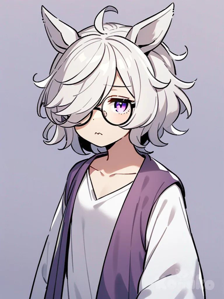 umamusume, White hair, short hair, striking bangs, violet eyes, tired eyes, relaxed expression, soft eyes, feline mouth, small mouth, round glasses, messy hair, fluffy hair, loose-fitting clothes, flat chest, small bust, slender, large coat, bangs covering one eye, solo, twenty years old