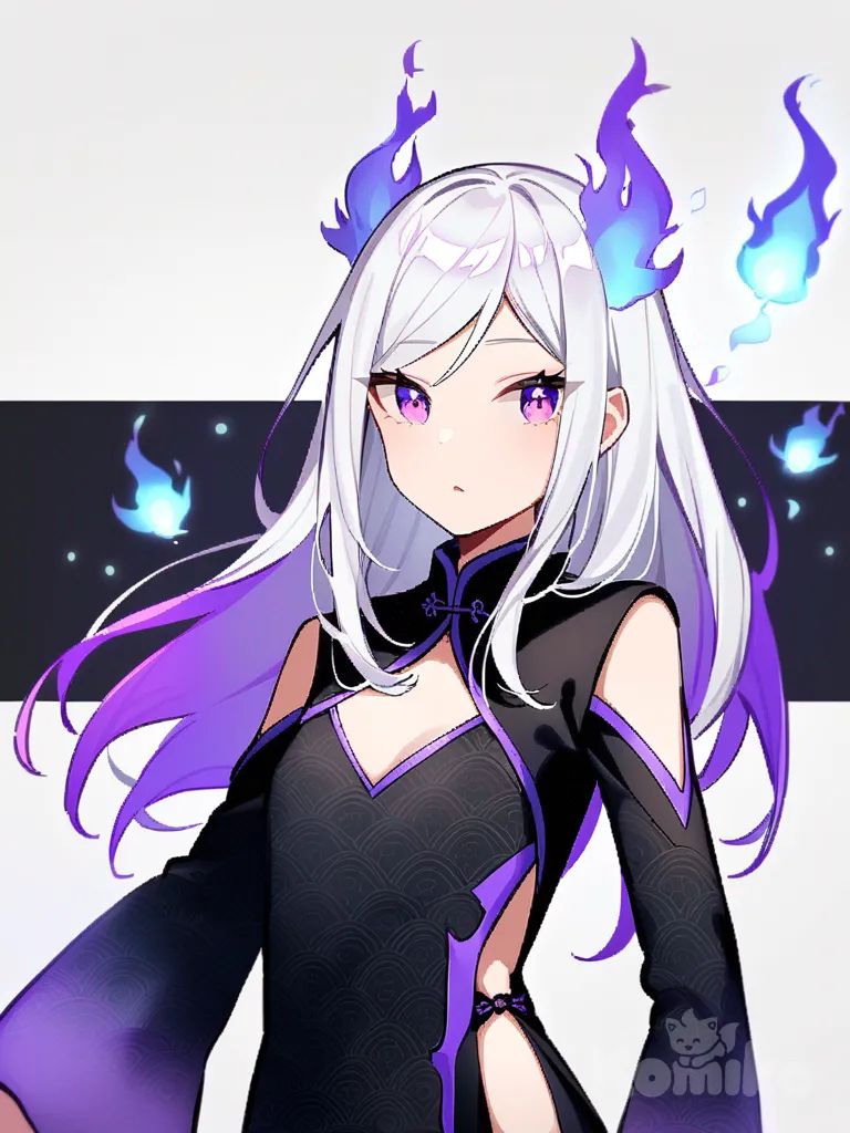 Will-o'-the-wisp, violet fire, mischievous, playful, Chinese clothing, dress, androgynous, young woman, average size, 169 cm tall, violet eyes, violet fiery hair, cleavage, mature, flat chest, small breasts, slender, side cutout, white hair, solo, patterned clothing, black clothing, straight hair, shoulder-length hair, straight bangs, bangs covering one eye, purple highlights, long hair, floral print