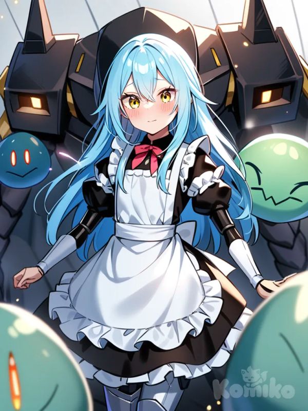 tensei shitara slime datta ken, Doll, light blue hair, golden eyes, calm gaze, kuudere, golem, mecha, maid, helpful, long hair down to the heels, will-o'-the-wisp, blushing, in love, solo, android, androgynous, flat chest