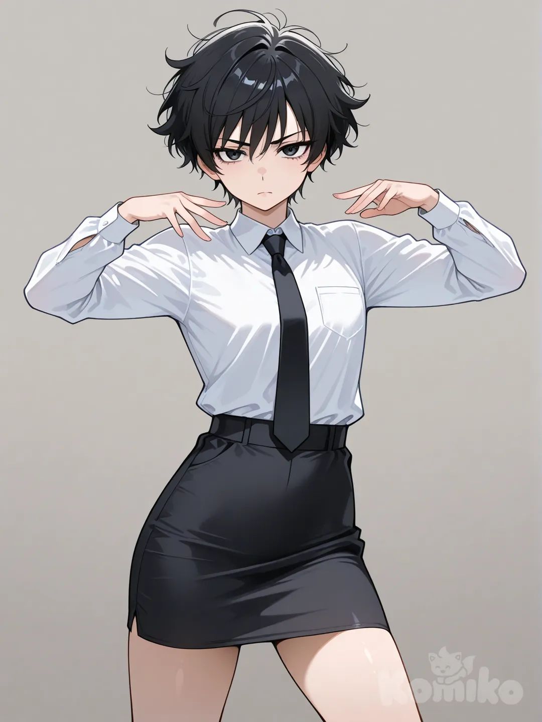 black hair, short hair, fuffly hair, messy hair, tomboy, black eyes, androgynous, handsome, mature female, trainer, tie, shirt, solo, formal attire, magical girl pose, professional expression, short skirt
