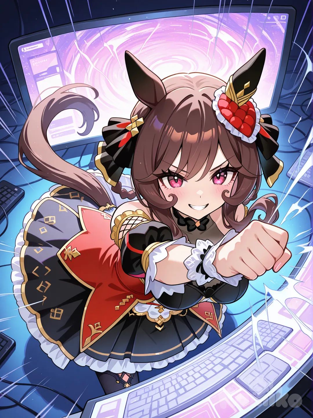 gentildonna (umamusume), hitting the internet, punching the internet, bending space, angry, smile
