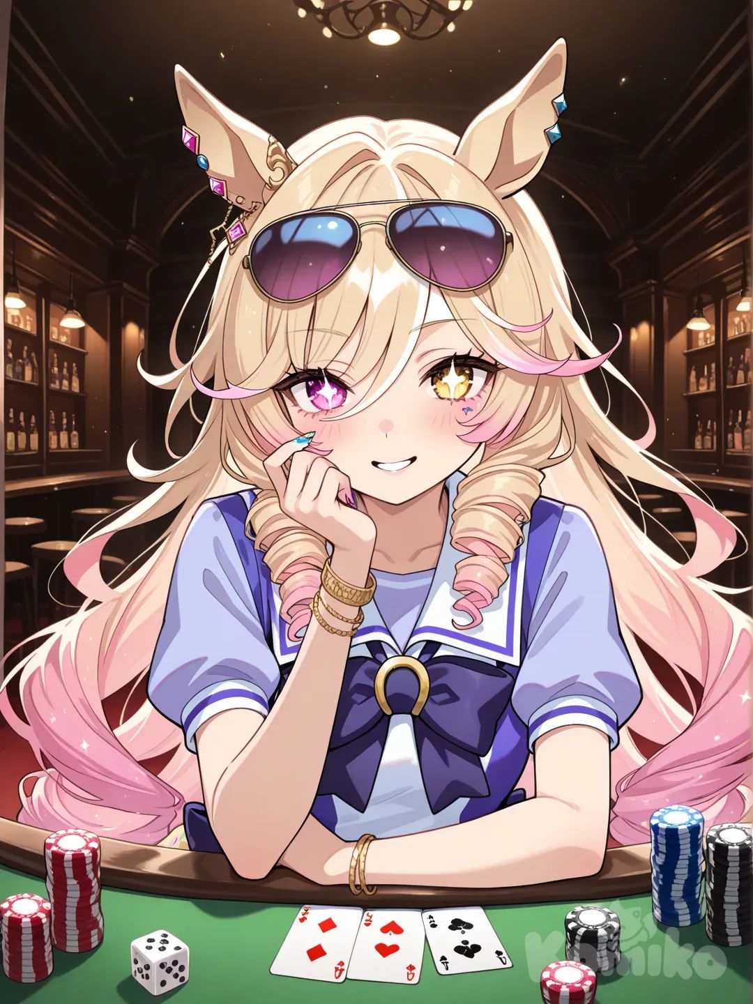umamusume, blonde hair, curly hair, very long hair, starry pupils, gyaru, sunglasses, aviator glasses, golden eyes, spiral hair, pink streaks, tracen school uniform, dice, heterochromia, pink eyes, poker chip, horse tail, bracelet, hair ornament, multicolored nails, multicolored hair