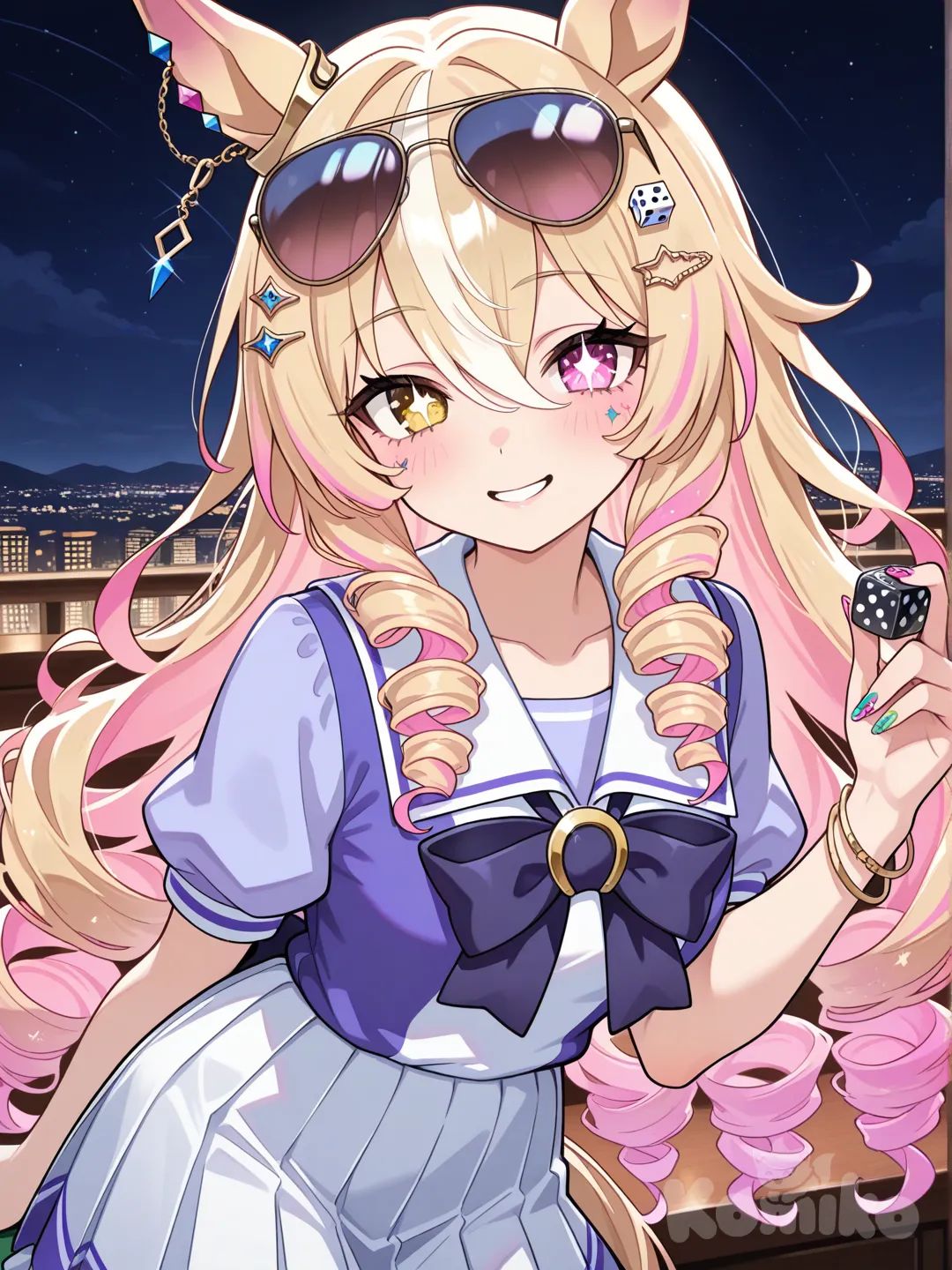 umamusume, blonde hair, curly hair, very long hair, starry pupils, gyaru, sunglasses, aviator glasses, golden eyes, spiral hair, pink streaks, tracen school uniform, dice, heterochromia, pink eyes, poker chip, horse tail, bracelet, hair ornament, multicolored nails, multicolored hair