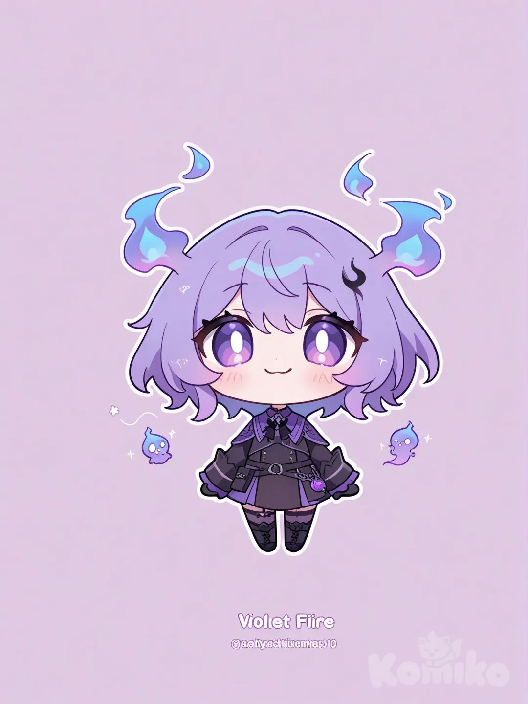 will-o'-the-wisp, violet fire, adorable face, chibi, spirit, dummy face