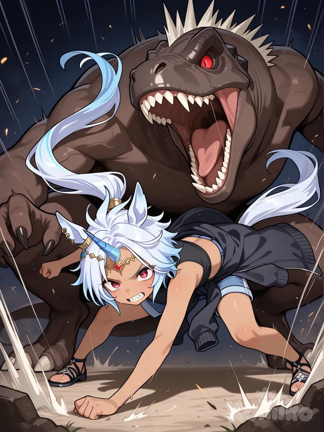 umamusume, horse ears, horse tail, 1girl, single horn, red eyes, diadem, silver hair, spiky hair, short hair, dark skin, sharp gaze, light blue streaks, blue horn, long bangs, very long sideburns, sharp teeth, very long low ponytail, low ponytail, sleeveless shirt, jacket around waist, navel, shorts, black shirt, black jacket, sandals, fighting, dinosaur, roar, bite