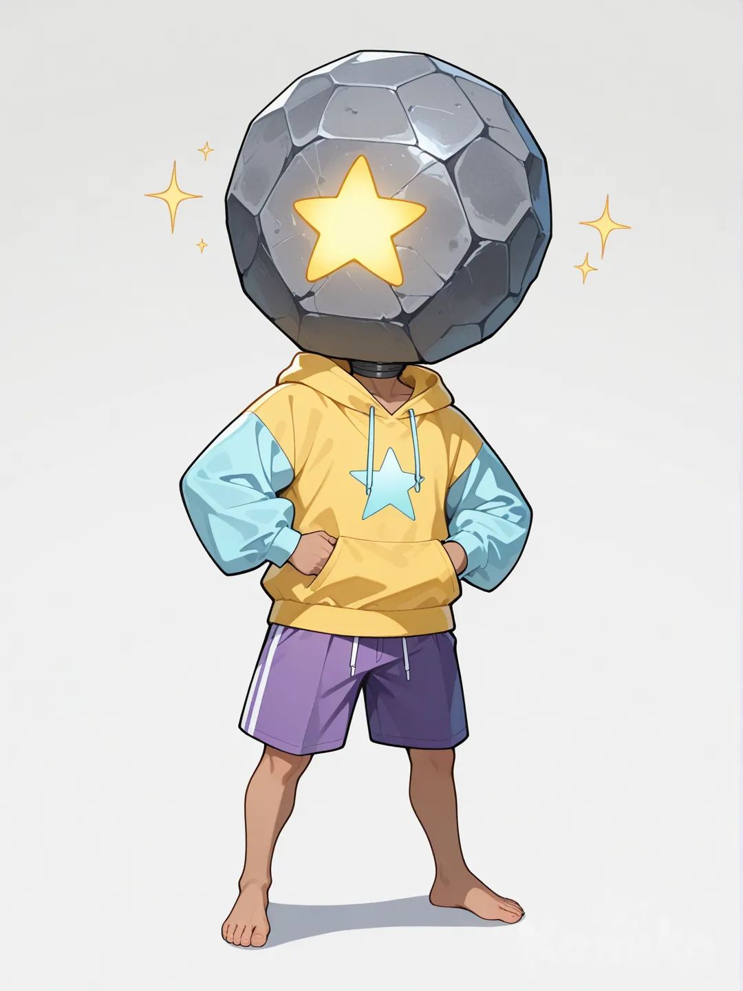 @rocko-c9TA, yellow hoodie, faceless, gray head, sphere head, head has stone texture, accurate to source outfit, neutral pose, white background