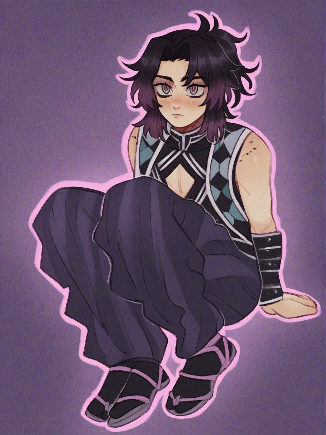 [soft-shaded-moe-style] 1boy, tsubaki_kuroe, black_hair, multicolored_eyes, light_pink_eye, light_purple_eye, hazel_eyes, expressionless, blush, demon_slayer_outfit, single character, full body, looking at viewer, anime style, simple background, white background