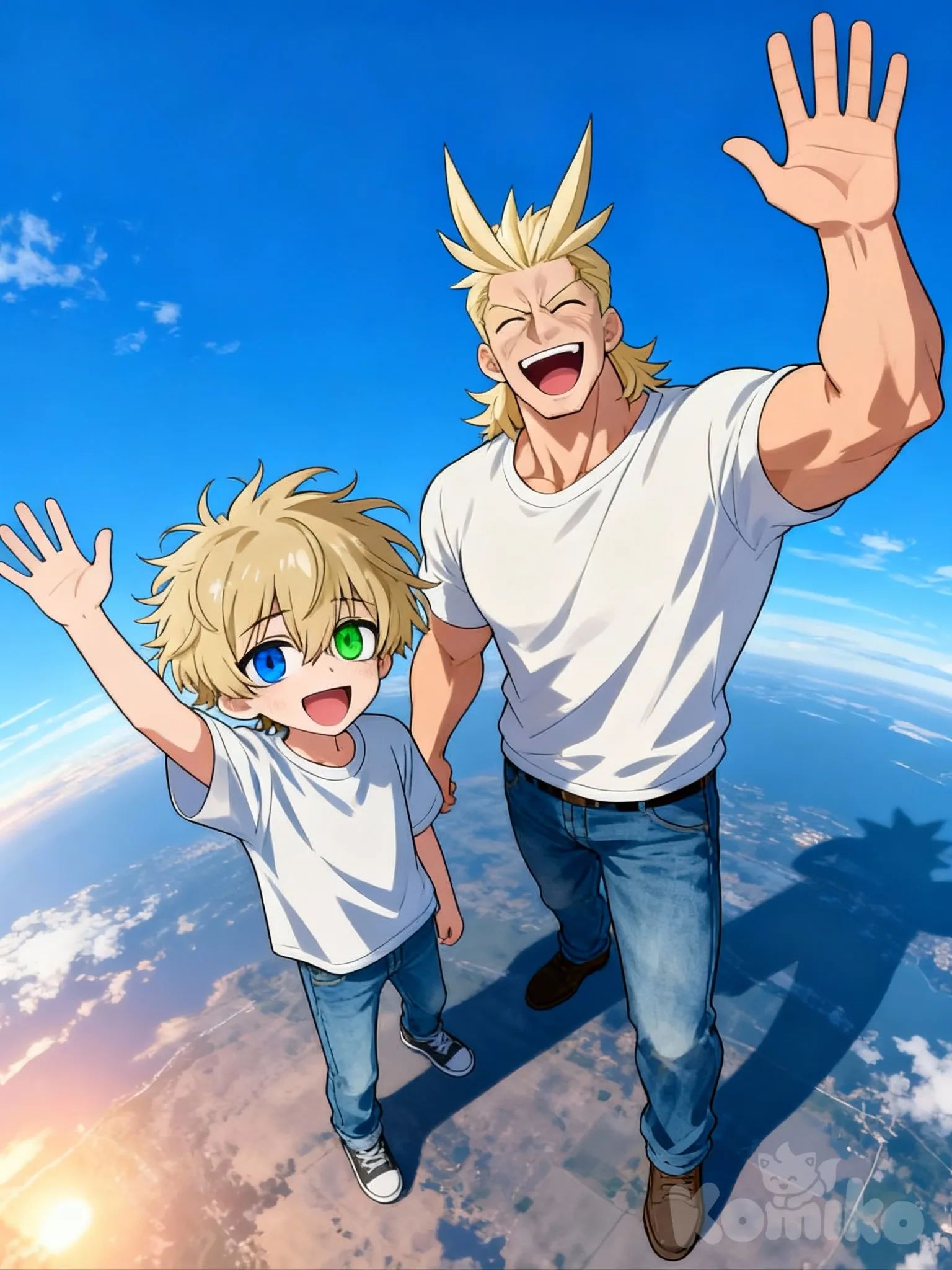 @addi-POhd, @All_Might, waving, smile, laughing, t-shirt, jeans, bird's-eye view, day, blue sky