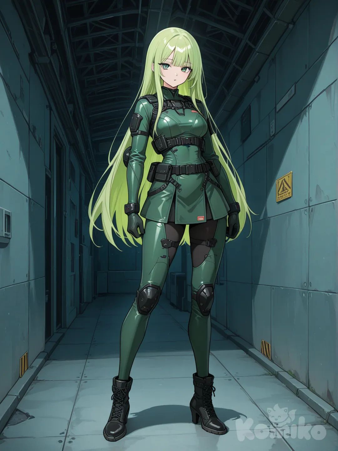 アニメ風の緑髪の長いストレートヘアの13~15歳くらいの少女が未来的なミニスカートの戦闘服とブーツを着用している