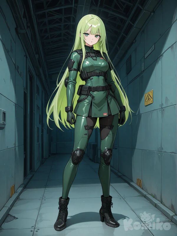 アニメ風の緑髪の長いストレートヘアの13~15歳くらいの少女が未来的なミニスカートの戦闘服とブーツを着用している