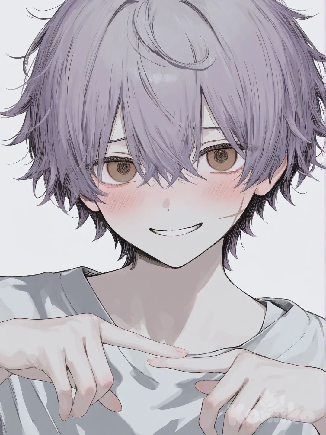 [soft-pastel-style] 1boy, Cabello morado guinda, desordenado, suave y con mechones rebeldes Ojos café chocolate grandes y expresivos Cicatriz delgada en la mejilla derecha Complexión delgada, postura tímida Manos pequeñas pero hábiles Sonrisa dulce pero nerviosa