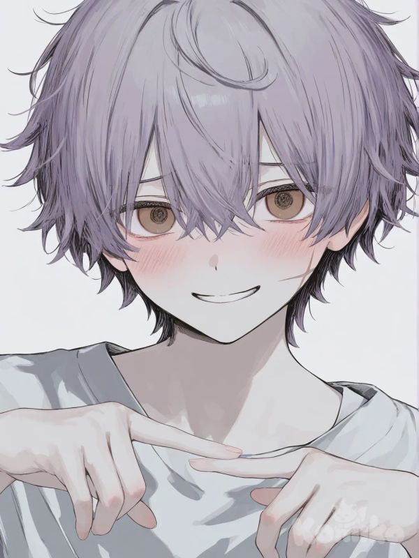 [soft-pastel-style] 1boy, Cabello morado guinda, desordenado, suave y con mechones rebeldes Ojos café chocolate grandes y expresivos Cicatriz delgada en la mejilla derecha Complexión delgada, postura tímida Manos pequeñas pero hábiles Sonrisa dulce pero nerviosa