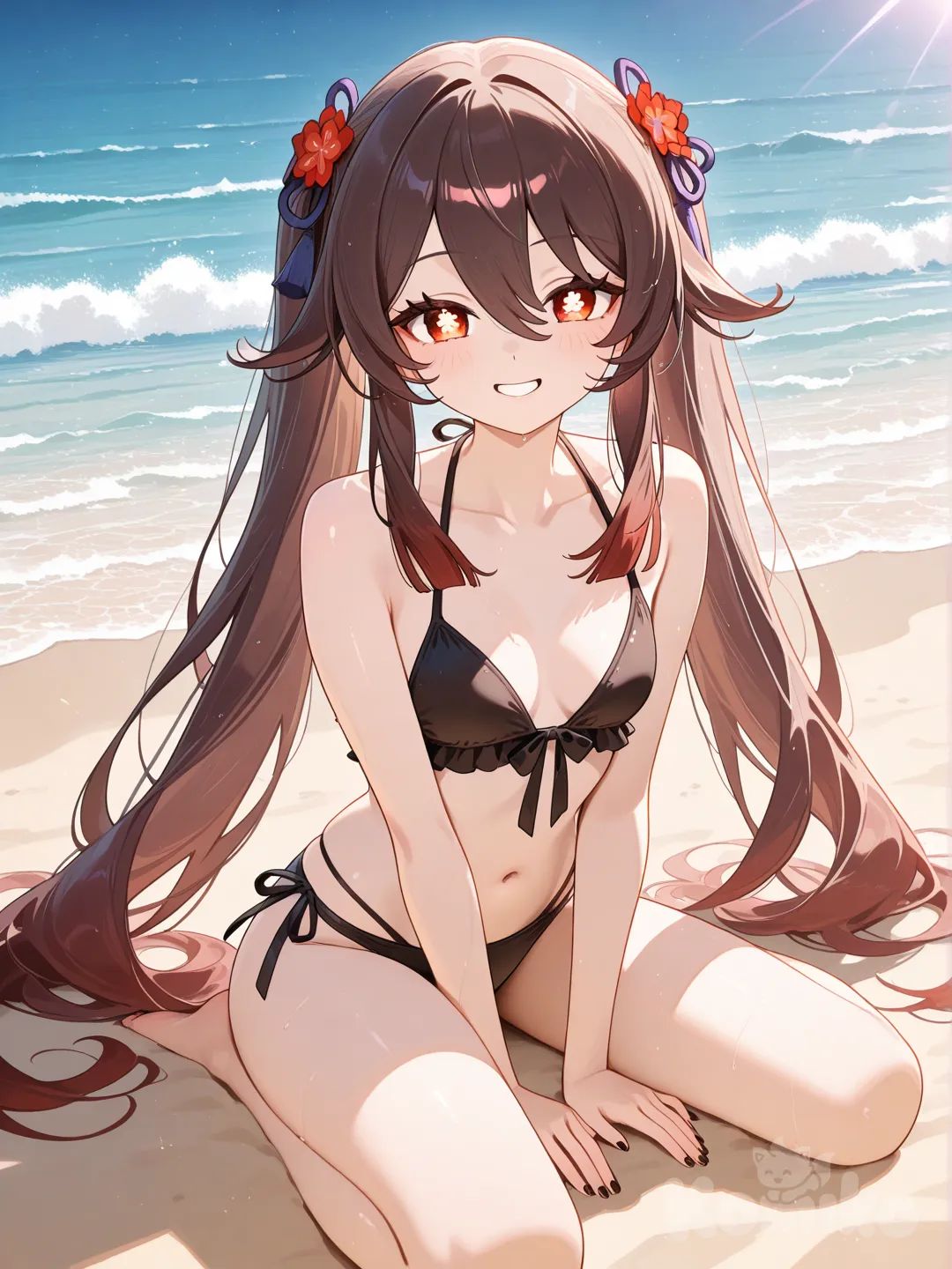 hu tao (genshin impact), beach, bikini, enjoying