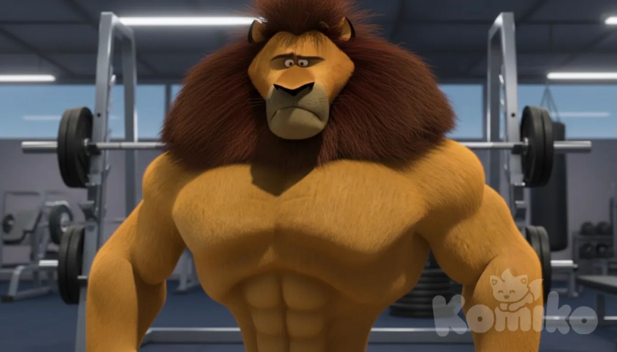 El león animado, con su prominente melena, se vuelve extremadamente musculoso, alardeando sus músculos. La escena se desarrolla en un gimnasio, con una anatomía audaz y exagerados musculos, y una atmósfera tensa, con cámara fija.mostrando todo su cuerpo sudado,está desnudo, anime style