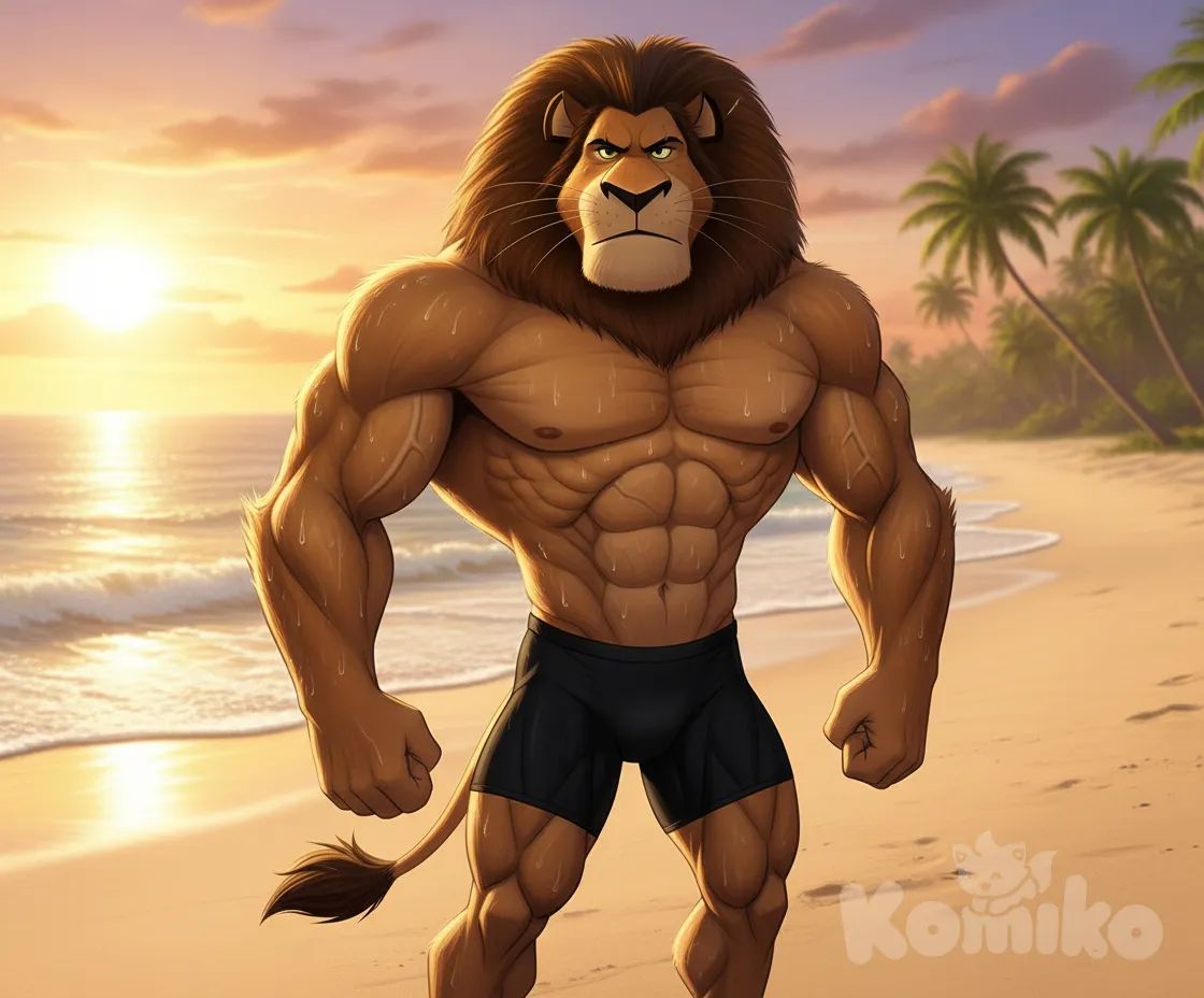 El león animado, con su prominente melena, se vuelve extremadamente musculoso, alardeando sus músculos. La escena se desarrolla en la playa, con una anatomía audaz y exagerados musculos, y una atmósfera tensa, con cámara fija.mostrando todo su cuerpo sudado y semi desnudo., anime style