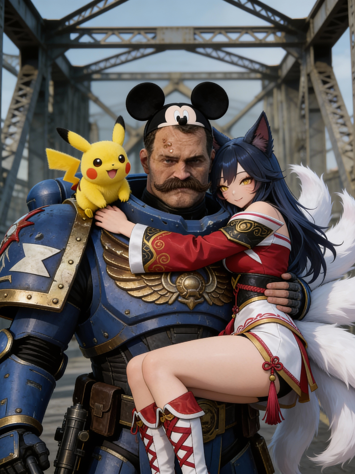Titus the Space Marine with a mustache, Warhammer-40000-space-marine-2, on his shoulder, is Pikachu from pokemon, and on his head is mickey mouse ears. in the background hugging him from behind , @Ahri_(League_Of_Legends)