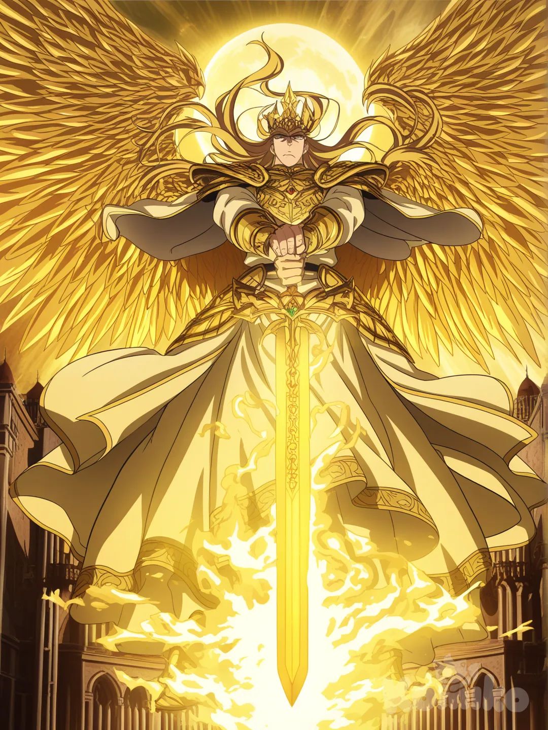 I am a god of creation, slowly descending into my palace, my short golden hair flowing, I wear a crown shaped like golden wings, my eight pairs of wings overlapping, I wear a white robe adorned with gold patterns, a shoulder pad on my left shoulder, I carry my sacred sword of golden-green, my palace is a magnificent blend of gold and green, decorated with sun and moon motifs, and several dragons fly around my palace., [pop-anime-style]