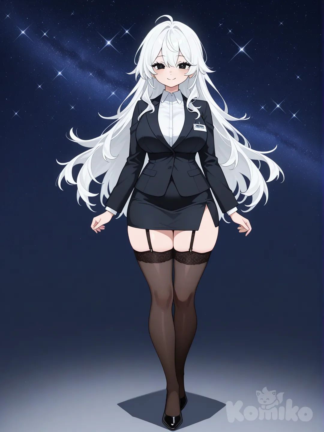 white hair, long hair, waist length hair, black eyes, large breasts, [H cup], height 170cm, weight 58kg, business suit, black miniskirt, garter belt, smile, full body, starry sky, anime style, 1girl
