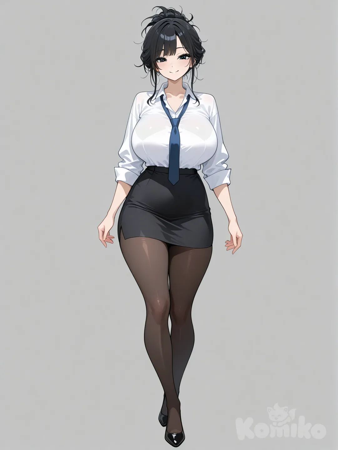 beautiful anime waifu, portrait style, face, highly anime art, 1girl, full body, black Messy updo with side bang, black eyes,smile large breasts, hcup, height 175cm, weight 65kg white dress shirt,  black mini skirt, black sheer tights, slightly loose black tieoffice outfit, anime style, [glossy-anime-style]