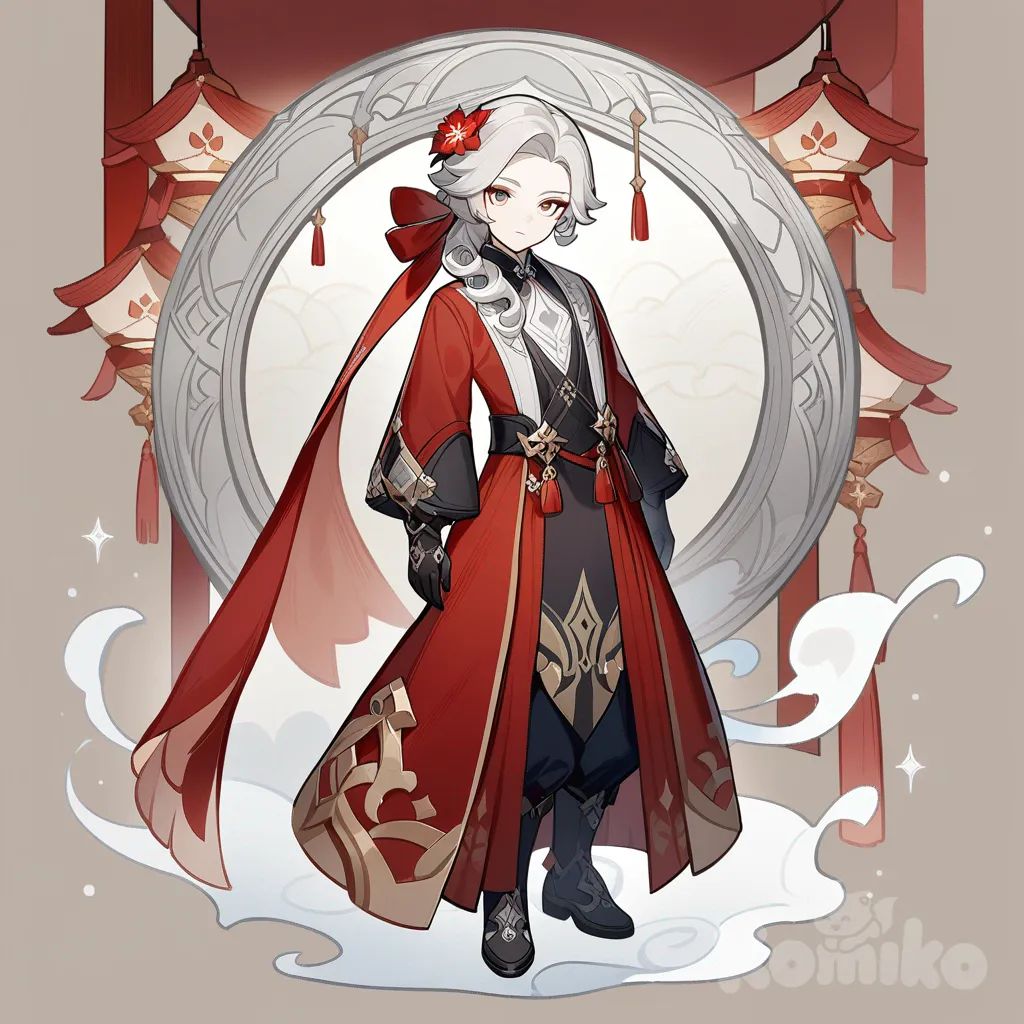 1boy, Genshin Impact style, head tilt, clean background, full body, hair is curly long, bangs on one side, the other side is combed back, the color is silver-white. Eyes are the color of cornflowers, the look is cold and empty. Clothes are red shades, burgundy color with inserts of scarlet color and drawings of scarlet lotuses, clothes in the form of a shortened jacket and pants with gold rivets and chains
