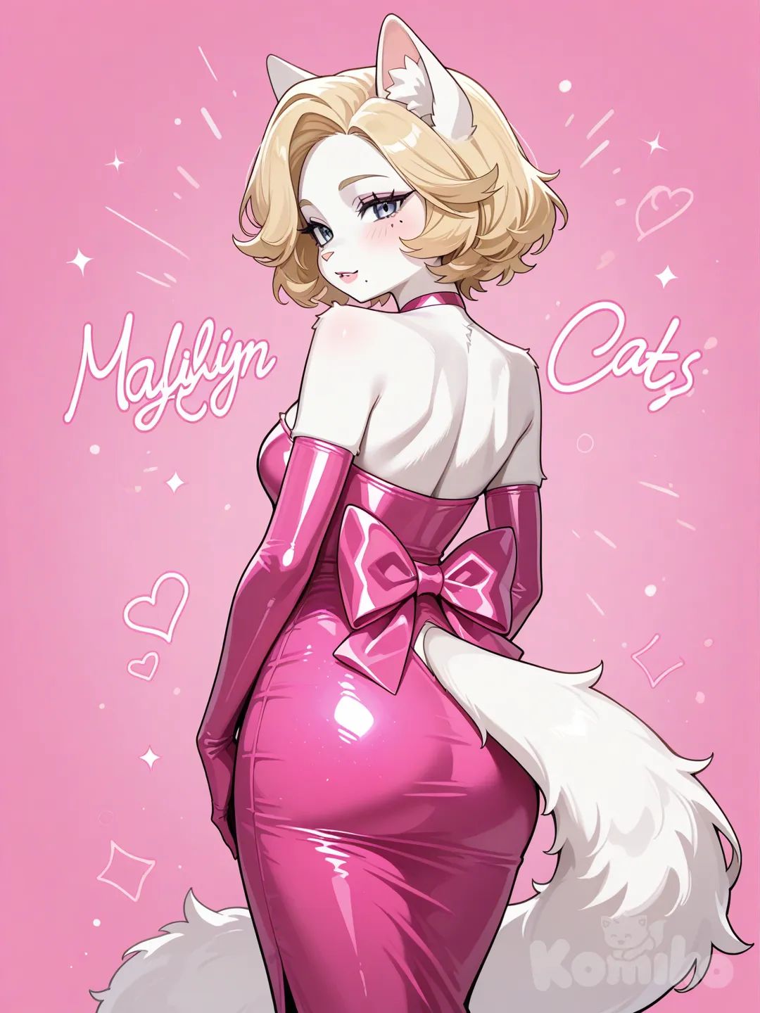 Marilyn Monroe, Marilyn Monroe's short hair, a mole above her lip,white furry cat, anthropomorphic cat, a pink strapless full-length bodycon dress with a large bow at the back, and pink elbow-length gloves.