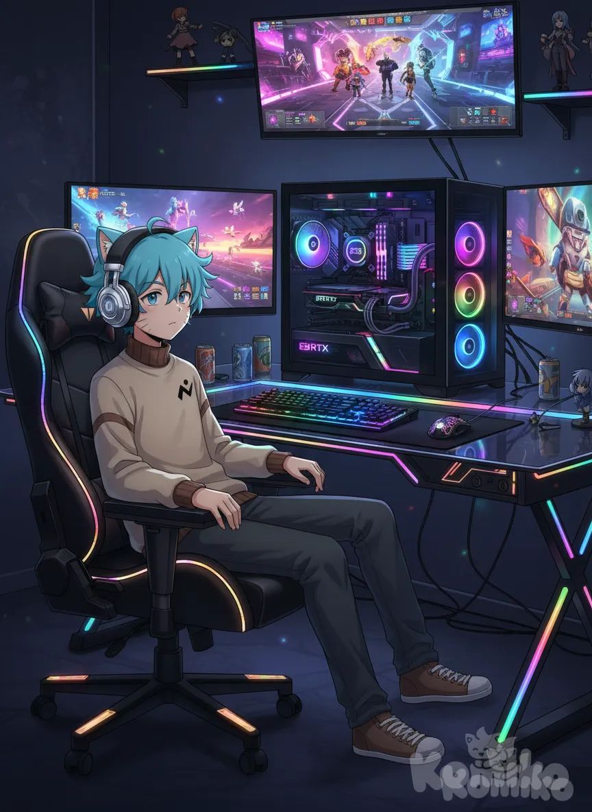 Que el chico esté sentado en una silla gamer muy lujosa y que tenga una pc gamer RTX RGB muy lujosa y que tenga una computadora muy lujosa y unos audífonos muy lujosos, anime style