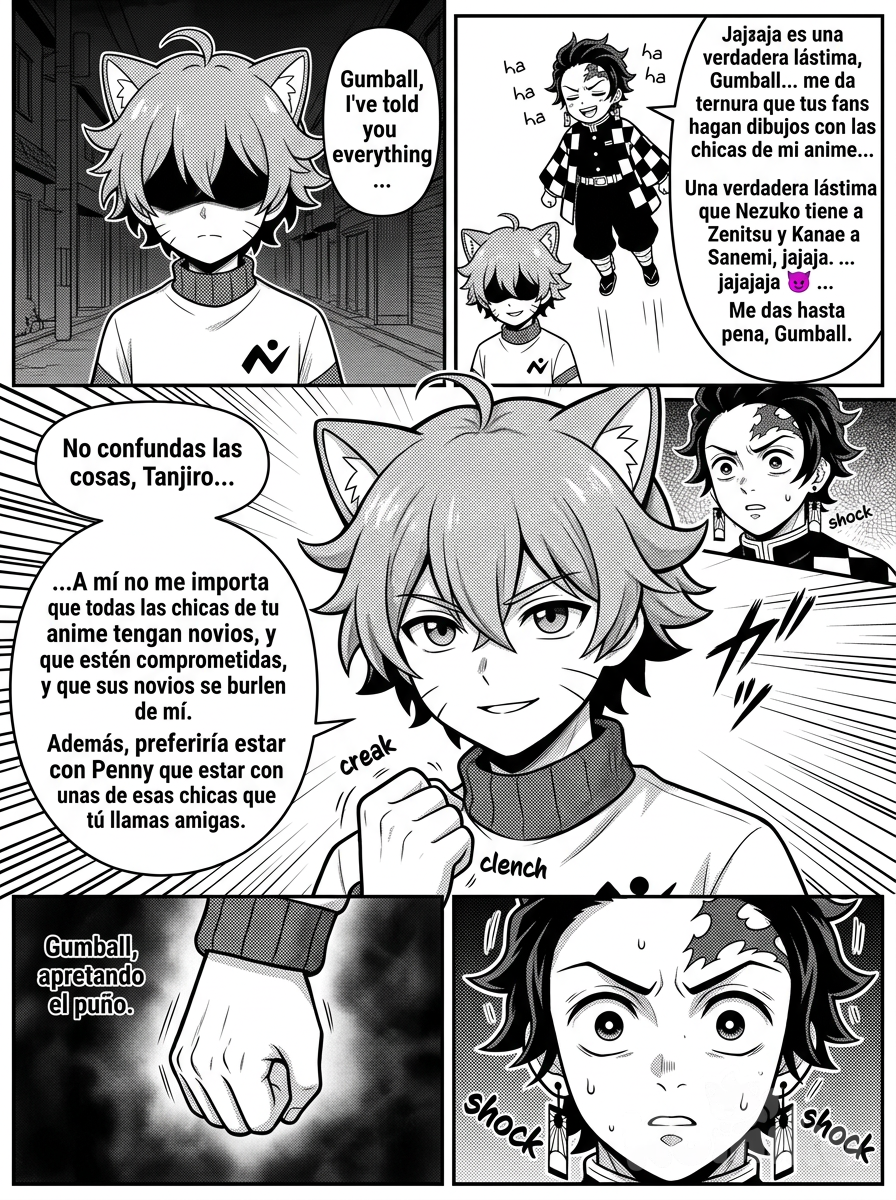 Cuando el chico escucha toda esa información que le dijo Kamado Tanjirou este se queda quieto mirando hacia delante mientras no se le puede ver los ojos al chico y cuando Kamado Tanjirou comienza a volar lentamente mientras se le dice al chico "jajaja es una verdadera lástima gumball me da ternura que tus fans hagan dibujos con las chicas de mi anime una verdadera lástima que nezuko tiene a zenitsu y kanae a sanemi jajaja jajajaja 😈,me das hasta pena gumball" y el chico antes de levantar la mirada dice con una sonrisa "no confundas las cosas tanjiro" el chico levanta la mirada y este pone una cara seria, y Kamado Tanjirou se sorprende y lo mira enojado y algo agobiado y el chico dice mientras lentamente levanta el puño y mientras lo apireta y dice con una sonrisa "a mi no me importa que todas las chicas de tu anime tengan novios y que esten comprometidas y que sus novios se burlen de mi, además, preferiría estar con Penny que estar con unas de esas chicas que tu llamas amigas" Kamado Tanjirouse sorprende mucho y lo mira con los ojos bien abiertos <dominant-panel>, [grayscale-manga-style]