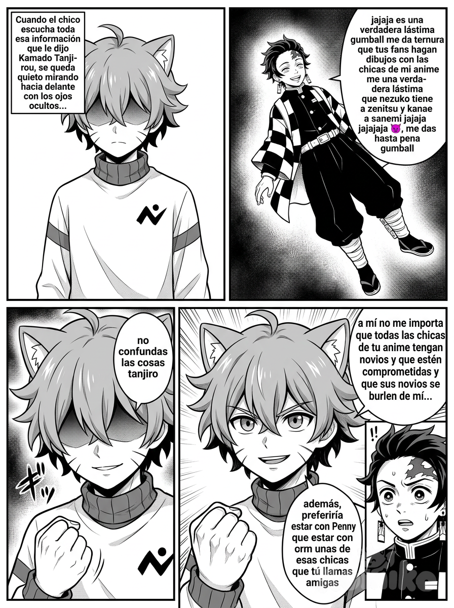 Cuando el chico escucha toda esa información que le dijo Kamado Tanjirou este se queda quieto mirando hacia delante mientras no se le puede ver los ojos al chico y cuando Kamado Tanjirou comienza a volar lentamente mientras se le dice al chico "jajaja es una verdadera lástima gumball me da ternura que tus fans hagan dibujos con las chicas de mi anime una verdadera lástima que nezuko tiene a zenitsu y kanae a sanemi jajaja jajajaja 😈,me das hasta pena gumball" y el chico antes de levantar la mirada dice con una sonrisa "no confundas las cosas tanjiro" el chico levanta la mirada y este pone una cara seria, y Kamado Tanjirou se sorprende y lo mira enojado y algo agobiado y el chico dice mientras lentamente levanta el puño y mientras lo apireta y dice con una sonrisa "a mi no me importa que todas las chicas de tu anime tengan novios y que esten comprometidas y que sus novios se burlen de mi, además, preferiría estar con Penny que estar con unas de esas chicas que tu llamas amigas" Kamado Tanjirouse sorprende mucho y lo mira con los ojos bien abiertos , [grayscale-manga-style] <2x2-grid>