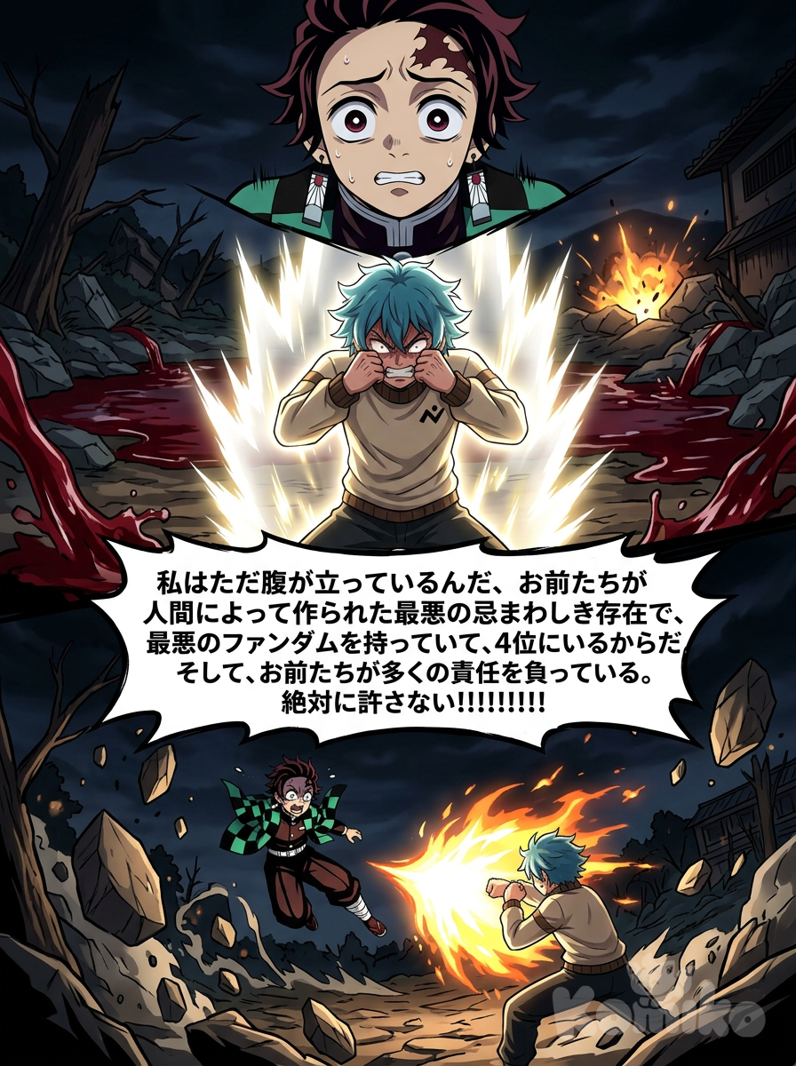 Que Kamado Tanjirou siga volando en el aire y que tenga todavía esa cara nerviosa y cara de confusión,y que el chico diga mientras acerca sus puños a su rostro mientras aparece una aura blanca a su alrededor y que el agua se ponga roja y que todo se vuelva más oscuro y que comience todo a temblar y que las piedras comienzan a elevarse por la presión y que el chico siga apretando los puños muy fuerte y mientras baja la postura "solo estoy molesto, porque ustedes son la peor abominación creada por el ser humano, ustedes tienen el peor fandom y están en el puesto 4 y ustedes son los responsables de muchas cosas,¡¡¡¡¡¡nunca los perdonaré!!!!!!!!" Kamado Tanjirou grita del miedo y sale volando muy rápido y el chico siga en ese lugar y en la misma posición y que después él chico lance un ataque de ki y energía y furia y que eso alcance a Kamado Tanjirou y que después se pueda ver como dentro del ataque de energía y ki y furia se pueda ver como a Kamado Tanjirou se le despega la cabeza del cuerpo y después sea desintegrado <dominant-panel>, [grayscale-manga-style]