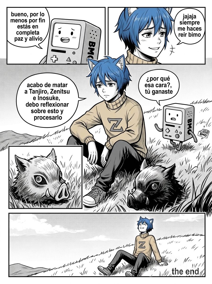 Que el chico de la izquierda este en una colina de césped y que tenga cara de reflexión y que el robot de la derecha se le acerque y diga "porque esa cara?, tú ganaste" y que el chico diga algo tranquilo "acabo de matar a tanjiro y Zenitsu y inosuke,debo reflexionar sobre esto y procesarlo" y que se muestre a un lado la mascara de Hashibira Inosuke en el suelo y que después el robot de la derecha diga algo motivando al chico y animarlo "bueno,por lo menos por fin estas en completa paz y alivio" y que el chico se ría y diga algo feliz y aliviado por fin "jajaja siempre me haces reír bimo" y que la camara se aleje y que se vea al chico sentado en la misma colina y que tenga una sonrisa de pan y alivio por fin y con las manos apoyadas en el piso y que aparezca la palabra "the end" al lado izquierdo bajo <dominant-panel>, [grayscale-manga-style]