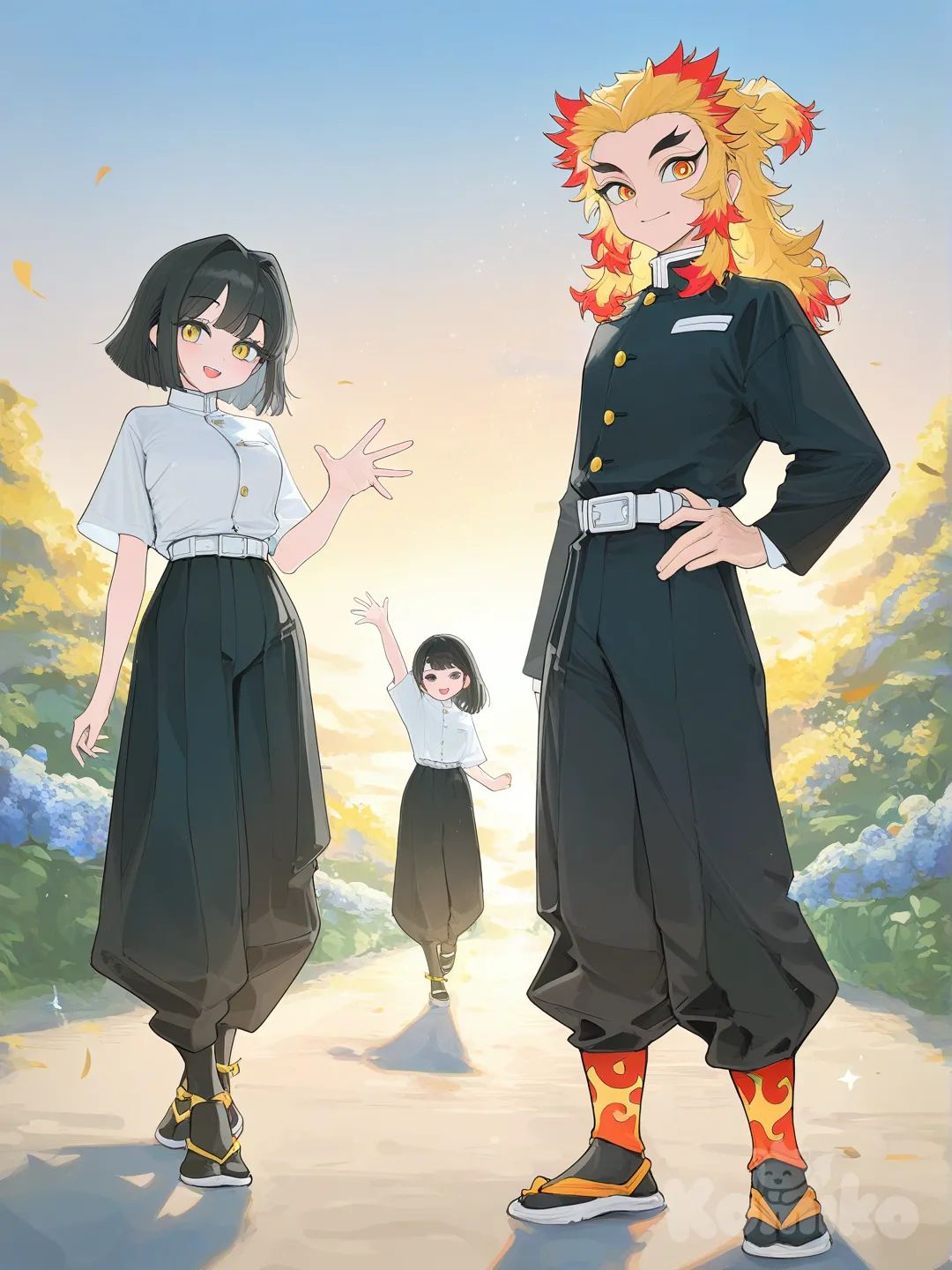 Rengoku Kyoujurou, and a girl short black hair with yellow eyes in a demon slayer uniform, 1boy, 1girl, 2people, [vibrant-anime-style], waving, smile, full body, day, twilight, sparkle, garden, leaves falling