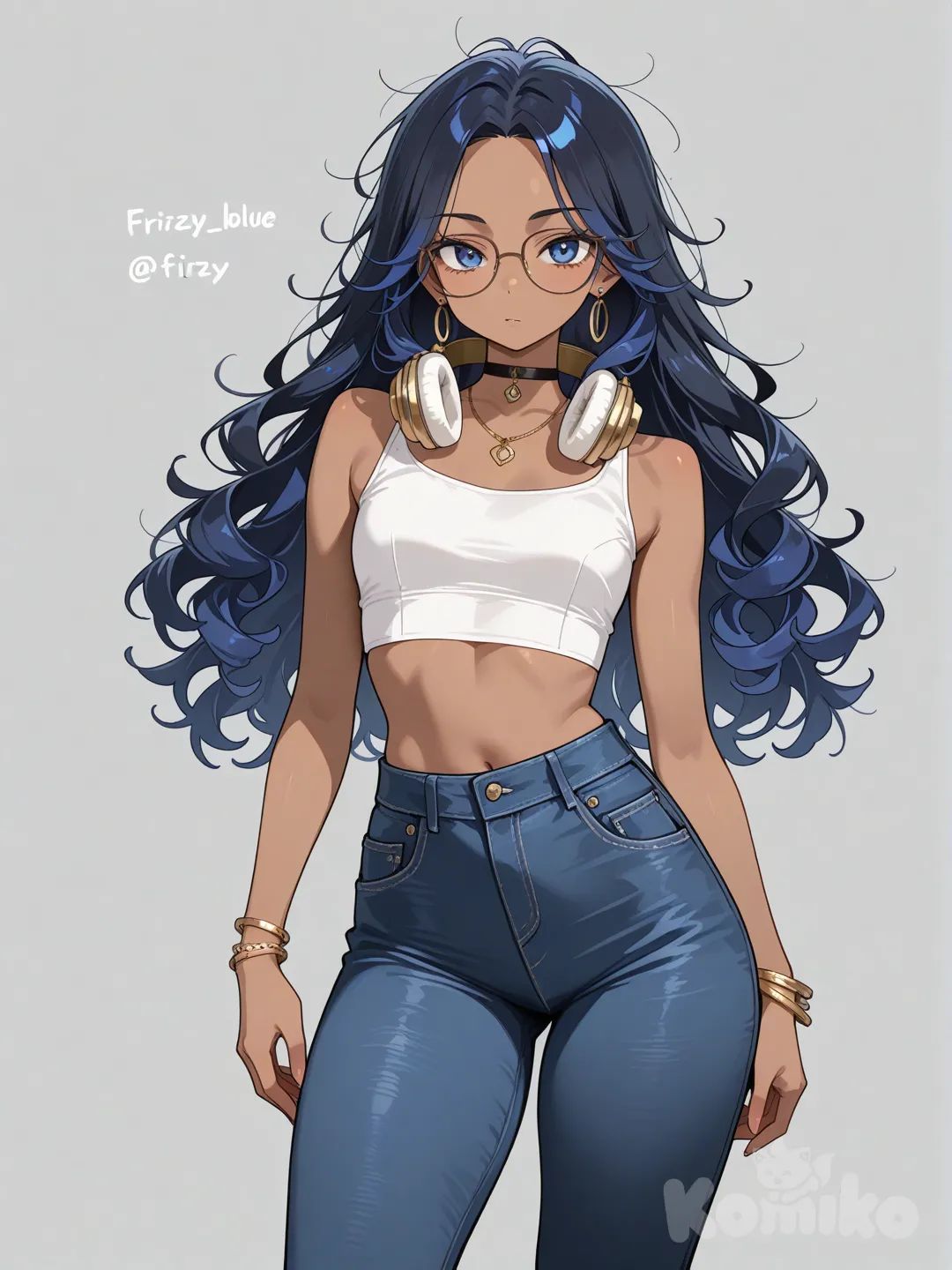 1girl, teenager,age 19 years old, slim, short, curvy, athletic, black hair,Navy hair, frizzy hair, curly hair, long hair, side-parted hair, straight hair,Messy hair,Messy bangs , blue eyes, dark skin,Croptop, wide-leg pants, earrings, necklace, choker, headphones, bracelet, glasses.