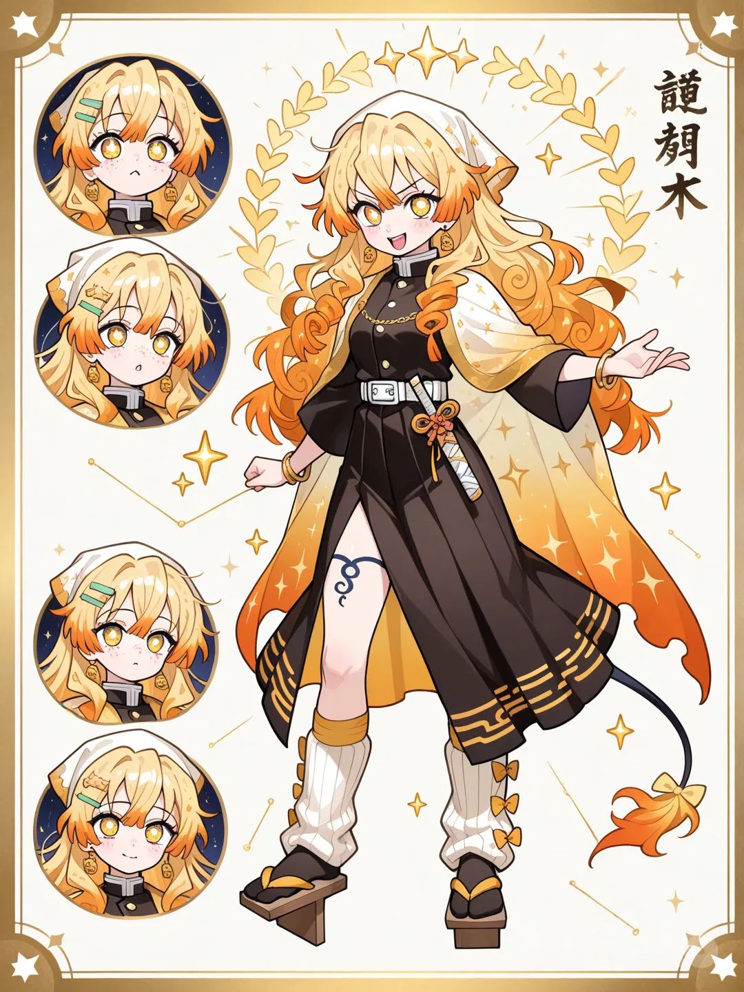 1girl, Demon Slayer style, original character in the world of Demon Slayer, teenager,age 18 years old, slim, short, brown hair, blonde hair,Yellow hair, side-parted hair, Messy bangs,Messy hair, curly hair,Curls, short hair, straight hair, frizzy hair,Yellow eyes,Sparkle eyes, Glowing eyes, fair skin, apron, knee-high socks, bracelet,Star necklace, Leg warmers,Geta,Star hairclip, headscarf, earrings, necklace, choker, Starts as a shawl: wide, cozy, draped over shoulders.

The two front ends merge at the back into a flowing cape tail, like a meteor trail.

A bit longer, reaching behind the knees.

Details

Yellow comet-streak diagonally across the cape tail.

White fabric with shimmering dust-like sparkles.

A few embroidered tiny falling stars.Back looks like a full cape, but the sides are split like a shawl.

When she lifts her arms, it opens like wings.

Ends taper to sharp, star-shaped points.

Details

Base color: white.

Border: gold-yellow, shimmering like starlight.

A trail of starburst patterns runs across it diagonally.Wooden base painted white with tiny gold star freckles.

Soft yellow bow on the right side of each hanao (strap).

Bow center decorated with a tiny gold star charm.

Straps: white with sparkly thread.Black uniform top with a white starburst pattern behind the buttons.

Cuffs in yellow with little sparkles.

Skirt

Two layers:

Top layer: Black, simple, standard length.

Under layer: White with gold sparkles, peeking out only at the edges.

Moves beautifully when she fights.

Accents

Small bow on the side of the waistband (matching her bow geta).Top

Dark uniform top with white piping.

Shoulders have very faint gold constellation lines stitched into the fabric.

Skirt

A-line skirt, slightly longer than standard (mid-thigh).

Base color: black

Hem lined with constellation patterns in tiny gold thread.

Accents

Star-shaped metal clasp at the collar.

White sash wrapped around the waist like a mini belt.Long, soft curls that look airy and weightless.

The top pulled slightly back in a half-up style.

A thin chain-like accessory draped across the top of the hair with tiny stars.

________________________
FULL BODY, Character Sheet, multiple Expressions ,hair styles