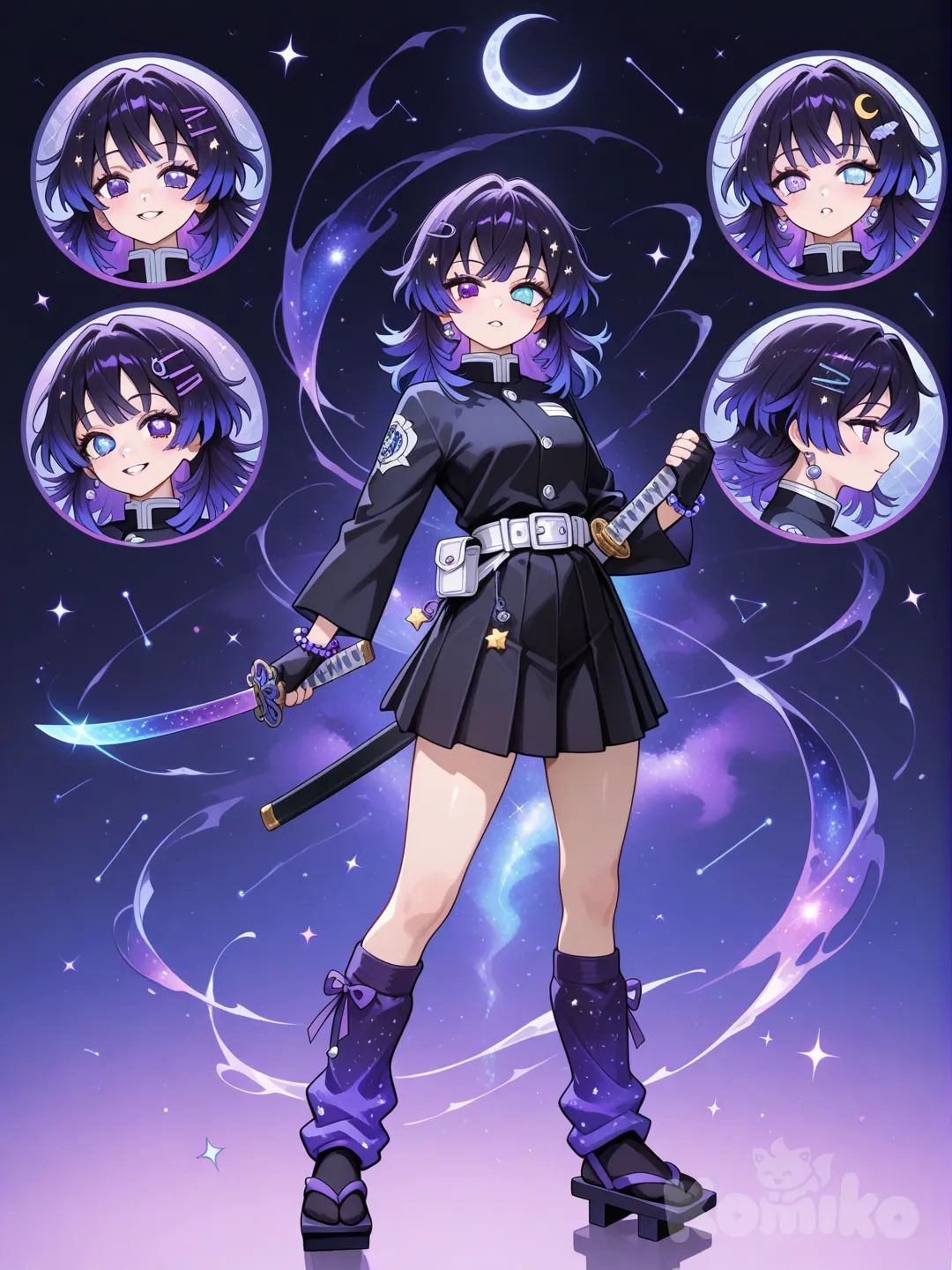 1girl, Demon Slayer style, original character in the world of Demon Slayer, teenager,Young adult , Age:16 ,slim, short, fair skin, demon slayer uniform.

Hair:
A soft, ethereal wolfcut with layered, wispy ends that flare outward like drifting nebula clouds. The hair is medium-to-long in length, with the shortest layers around the jaw and the longest reaching the upper back. Gentle waves give it a floating, cosmic look, and the color blends from lavender to deep violet to midnight blue, creating a dreamy galaxy gradient.
Long wolfcuts.

Eyes:
Her eyes have a subtle spiral pattern in the irises, resembling tiny rotating galaxies. The colors shift between silver and violet, giving her gaze a calm, celestial, and mesmerizing look.

Face:
She has soft, delicate facial features with smooth contours and lightly rounded cheeks. A small, gentle nose and natural, subtle lips give her a dreamy and ethereal look. Her skin catches light softly, giving her a faint starlit glow that enhances her celestial presence.

Uniform:
A graceful, cosmic-themed Demon Slayer with swirling nebula colors, ribbons, and celestial accents — elegant yet combat-ready.


---

🖤 Base Uniform

Cosmic Ribbon Skirt Uniform

A modified Demon Slayer uniform with a short, pleated combat skirt instead of pants.

The skirt is midnight black with a subtle galaxy shimmer, catching hints of violet and blue in the light.

The uniform top is standard black but tailored to be sleek and lightweight.

Silver star-like buttons line the chest, giving the uniform a celestial touch.

A lavender and indigo ribbon belt wraps around her waist, tied to the side so its ends flutter behind her during spins.



---

🟣 Leg Warmers

She wears dark purple knitted leg warmers with faint silver flecks resembling tiny stars.

Reinforced stitching keeps them in place during movement.

They peek beautifully over her geta, adding softness and personality to her combat look.



---

🩶 Geta

Black-lacquered combat geta with slightly shortened teeth for agility.

The straps are indigo with swirl stitching, matching her galaxy theme.

Small, star-shaped metal studs decorate the outer sides subtly—nothing flashy, just a cosmic hint.



---

🎀 Ribbon Accessories

Matching mini ribbon anklets tied above her leg warmers.

A galaxy-pattern ribbon bow securing part of her wolfcut hair.

The waist sash dances behind her during Spiral Galaxy Breathing techniques, adding motion lines to her attacks.



---

✨ Celestial Jewelry

A delicate silver star ear cuff on one ear.

A tiny crescent moon charm attached to her belt loop.

A simple galaxy bead bracelet on her left wrist—dark beads with faint swirl patterns.



---

⚔ Arm + Combat Gear

Black fingerless gloves for grip during her spinning techniques.

Black forearm wraps with spiral-patterned violet stitching.

An indigo pouch attached to her waist ribbon for supplies.



---

💫 Hair Accessories

A nebula gradient hair clip (black → violet → lavender) tucked on one side.

Occasional small ribbon pins near her bangs for a soft cosmic look.



---

🌠 Weapon Accessories

Her sheath has a silver spiral charm hanging near the top.

The grip of her Nichirin is wrapped with purple cord.

The sheath bears a faint cosmic swirl engraving, subtle but elegant.



---

👜 Travel + Daily Items

A star-patterned furoshiki cloth she uses to carry belongings.

A small, indigo umbrella for rain.

A constellation notebook where she sketches stars and techniques.



---

✨ Vibe

She looks like a slayer who carries a piece of the cosmos with her—mysterious, graceful, and visually stunning. Her ribbons, skirt, and celestial details all enhance the swirling, elegant motion of her Spiral Galaxy Breathing.

Weapon:
Her Nichirin blade is a sleek, cosmic-themed katana with a shifting indigo-violet color that glows differently in the light. The blade is slightly thin and curved, perfect for fast spins and sweeping galaxy-style attacks.

The tsuba is shaped like a spiraling galaxy, and the hilt is wrapped in purple cord over an indigo underwrap. The black sheath has silver star flecks and a swirling galaxy-line running down it, plus a small silver spiral charm hanging near the top.

Fast, elegant, and built for motion—her sword is made to move like a galaxy in rotation. 

Character Sheet:
Expressions,Full body,Weapons, Etc.

Name:
Ginga Uzumaki

Generate Ginga Uzumaki's character Sheets...