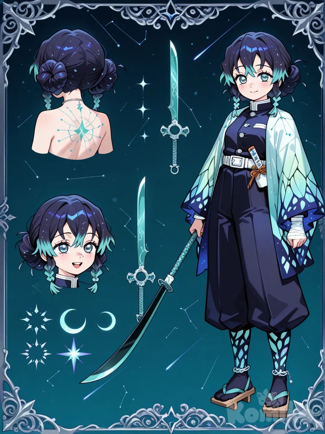 1girl, Demon Slayer style, original character in the world of Demon Slayer, teenager,age 16 years old, slim, short, fair skin

Hair texture/ style:

OC Hair Summary

Texture: Soft waves mixed with loose curls

Volume: Thick and slightly messy in a natural, tired-but-cute way

Look: Wavy at the top → fluffier in the middle → gentle curls at the ends

Vibe: Sweet, soft, and a little unkempt, matching her emotional, low-energy personality

Messy Low Bun

A loose bun at the nape of her neck

A few curled strands fall out naturally

Looks like she tried but didn’t have the energy to perfect it

Very soft + tired aesthetic

Half-Up Braid

A small braid from each side meets in the back

The rest of her hair stays down and curly

Very elegant, gentle, and angelic

Hair colors:

Hair Color Summary

Roots: Deep teal

Mid-length: Soft fade from teal into turquoise

Ends: Bright, gentle turquoise on her curls

Extras: Thin turquoise highlights blended throughout the teal sections

Overall vibe: A dreamy teal-to-turquoise ocean gradient with soft, shimmering highlights.

Face/eyes:

Face Summary

Soft, round features

Gentle, tired-but-sweet expression

Light natural blush on her cheeks

Small freckles across her nose and upper cheeks

 Eyes Summary

Pale aqua eye color

Teal-to-aqua gradient in the iris

Soft, emotional, watery look

Uniform:

Standard Demon Slayer uniform base (black or deep midnight blue)

But the sides of the jacket or sleeves have galaxy-pattern fabric

Looks sleek and powerful

4. Flowing Sleeves with Star Edges

Sleeves slightly longer and looser than normal

Ends of sleeves have tiny, faint white sparkle details like distant stars

Gives her a gentle, celestial vibe

5. Iridescent Belt / Obi

Deep teal or navy obi

Has an iridescent shine that shifts between teal + purple

Subtle but beautiful, matches her hair perfectly

Haori Design:

Celestial Map Haori

Theme: Old star charts + cosmic mystery

Base color: Deep indigo

Back features a delicate star map pattern in silver thread — but not of Earth’s constellations… her own secret “Galaxy Breathing” constellations.

Borders lined with tiny geometric runes inspired by ancient astronomy.

Inside lining: pure white with fading ink-blot galaxies (only seen when haori flares open in battle).

When she turns, the star map lines catch light like thin glowing wires.

Gravity Rift Haori

Theme: Space distortion

Black base with faint spiral patterns that resemble warped gravity wells.

Edges have a silver ringed pattern, like orbit lines bending around mass.

Back shows a single swirling spiral galaxy with a slight “pulled” look.

When she moves, layered fabric folds create the illusion of shifting shapes.

Sleeves have embroidered “event horizon” circles at the cuffs.

Geta:

Galaxy Hashira Geta Ideas
1. Starlit Crescent Geta

Theme: Silent, elegant, night-sky aesthetic

Dark navy wood with a soft satin finish

The teeth (bottom blocks) shaped with a subtle crescent curve

Straps: teal velvet with tiny embroidered silver stars

Small silver charms on the straps that chime softly (like distant stars ringing)

ACCESSORIES:


Constellation Clips

Small teal or turquoise clips shaped like constellation clusters

Used to pin back fly-away curls

Each clip forms a different constellation important to her breathing style

Meteor Fragment Necklace

A black stone with a natural silver streak through it

Said to be a “meteor fragment” she found as a child

She wears it tucked beneath her uniform for comfort

Only shows during intense fights or emotional moments

Astral Satchel (Travel Pouch)

Deep navy pouch worn on her hip

Embroidered with little spirals and starbursts

Holds medicinal herbs, talismans, and small tools

Interior lined in light silver fabric

Falling-Star Anklet

Thin chain around one ankle

Has a small comet charm that moves with every step

Symbolizes her “always moving forward even in sadness” energy

Very subtle — visible mostly when she’s training or barefoot
Starlight Hand Wraps

Soft black or deep teal wraps around her hands/wrists

Threaded with fine silver lines like micro-constellations

Activate lightly under moonlight → gives her a mystical look in combat

Weapons:

Gravity Crescent Glaive

Theme: Elegant + heavy-power strikes

Polearm with a long, crescent-shaped Nichirin blade

The crescent is tinted deep teal with glowing silver veins

When swung, it gives the illusion of “warping” the air around it

Represents bending gravity or pulling enemies in like an orbit

Suits a calm but devastating fighting style
_____________________________ character sheet, expressions,back,front,sides,weapons, etc