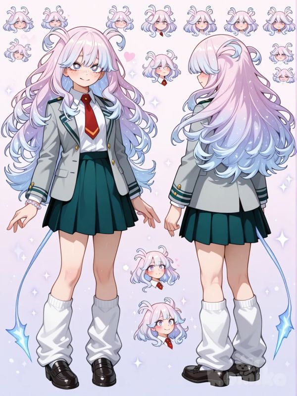 1girl, My Hero Academia style, original character in the world of My Hero Academia, teenager,age 17 years old , slim, short, fair skin.

Face:
Face Shape

Soft oval or slightly heart-shaped

Rounded cheeks (not chubby, just kind)

Gentle jawline, nothing sharp or intimidating
→ She should look approachable even when powerful



---

👀 Eyes (VERY IMPORTANT)

Sweet > intense

Eye shape ideas:

Slightly downturned outer corners (gives a caring look)

Large but calm, not sparkly-chaotic

Relaxed lids, like she’s always listening


Comet theming options:

Star-shaped or ringed pupils when quirk activates

A faint gradient in the irises (light center → darker edge)

Subtle glow only when emotional or protecting someone


Expression default:

Soft smile in the eyes

That “are you hurt?” look

Star freckles across nose and cheeks (very light, like dust)

☄️ A tiny comet-shaped beauty mark under one eye.

Hair:
Overall Shape

Extremely long—falls past her waist, possibly to thighs

So fluffy it looks like a soft nebula, not individual strands

Volume starts at the crown and blooms outward like a cloud

Hair naturally covers part of her eyes, especially when relaxed


Think:

> cotton candy + mist + stardust + comet tail




---

🌌 Texture (VERY IMPORTANT)

Not sleek, not curly—airy and plush

Feels like it would swallow your fingers if you touched it

Layers upon layers, giving that “floating mass” effect

Ends never sharp—always soft and diffused



---

👀 Hair Over the Eyes

Heavy bangs that drape down, partially obscuring her eyes

Bangs separate naturally in uneven, fluffy curtains

When she looks up or activates her quirk, the hair lifts slightly, revealing her eyes like stars through clouds 🌠


This makes her:

look shy and gentle normally

look divine and terrifying when her eyes show



---

☁️ Color Placement (Comet Cloud Style)

Roots: soft pearl white

Mid-lengths: barely-there pastel haze (lavender, blue, pink)

Ends: blended pastel glow, like light diffusing through fog

No hard lines—everything looks airbrushed


Pastels should feel like:

> light passing through a cloud, not dye




---

✨ Living Comet Effects

When her quirk is active:

Hair subtly expands, like it’s breathing

Pastel colors swirl slowly inside the white

Tiny glowing particles drift off and fade

Gravity looks optional around her hair


In calm moments:

Hair droops gently over her face

Looks soft, heavy, and comforting



---

🌙 Silhouette Power

From far away:

You don’t see sharp details

You see a soft glowing mass with a human shape inside


Civilians think: angel
Villains think: omen

Uniform:
Top (UA-style but Mother Comet flavored)

Standard UA blazer, but:

Slightly oversized on her frame

Sleeves a bit long, covering part of her hands


Blazer always looks soft on her, never stiff

She often wears it unbuttoned, making her look relaxed and approachable


Underneath:

White button-up shirt

Collar slightly loose (not messy—gentle)

Tie worn lower than usual, not tight at the neck


Overall vibe:

> “She looks like she belongs here… but also like she could float away.”




---

👗 Skirt

Pleated skirt, standard length

Fabric flows more than others when she walks

Moves softly like her hair—never sharp or stiff


When she’s standing still, the skirt barely moves.
When she walks, it sways like it’s caught in low gravity ☁️


---

🧦 LEG WARMERS (IMPORTANT!!)

These are a signature.

Thick, fluffy leg warmers

Worn over her socks, slightly scrunched

Texture looks cloud-soft, like knitted mist

They make her legs look cozy and gentle


They:

Contrast the structured uniform

Make her look warmer, safer, more “motherly”

Almost feel like part of her comet-cloud theme



---

👞 Shoes

Standard school loafers

Slightly worn-in, very practical

Always clean, but clearly lived in


She doesn’t care about being flashy—comfort comes first.


---

☄️ Small Personal Touches

Subtle, blink-and-you-miss-it details:

Tiny star pin on her blazer lapel

Pastel hair tie on her wrist

Faint shimmer on the uniform fabric when light hits it

Her hair constantly brushing over the uniform like a soft veil

Skirt is dark teal jacket is light gray.

_____________________________________
Character sheet,full body,front,back,sides , Expressions,Concept art,etc