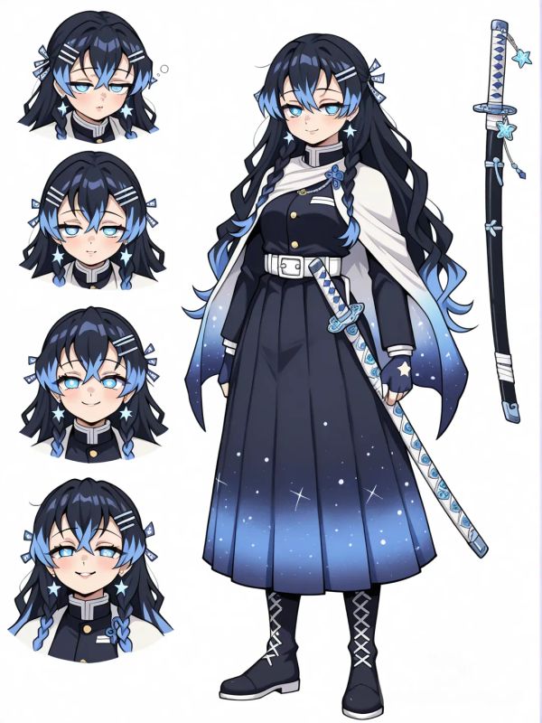 1girl, Demon Slayer style, original character in the world of Demon Slayer, teenager,20 year old, slim, short, fair skin.
Face:
Eyes:
Soft Downturned Almond Eyes
Outer corners slightly lowered
Gives her a kind, comforting look
Makes her seem gentle and approachable
Large Almond Eyes with Relaxed Lids
Not sharp, not round — balanced
Lids look naturally relaxed, almost sleepy
Calm, night-sky presence
Droopy-Lashed Eyes (Very Soft)
Upper lashes curve downward slightly
Eyes always look warm and caring
Fits her quiet, British-soft demeanor
Face shape:
Soft Oval Face
Balanced and elegant
Smooth jawline, no sharp angles
Very Hashira-like and mature
Gentle Heart-Shaped Face
Slightly narrower chin
Soft cheek fullness
Makes her look kind but refined
Lips:
Small to medium-sized lips
Natural soft curve (not sharp or dramatic)
Nose:
Small Button Nose
Very soft and gentle
Slightly rounded tip
Mark:
Light under-eye softness (gives a gentle, tired-but-kind look)
____________________________________________________
Hair:
Texture:
Silky Straight with Natural Flow
Smooth, light movement
Falls neatly but never stiff
Gives her a calm, refined presence
Soft Loose Waves
Gentle waves starting mid-length
Looks airy, like night breeze
Very elegant and soothing
Fine, Feather-Light Texture
Hair looks light and soft
Strands frame her face naturally
Moves easily when she walks
Hair Length:
Long, waist-length — flowing and graceful
HairStyle:
Structure
Two soft braids start from each side of her head
Braids curve upward and meet like a halo/crown
The crown sits gently, not tight or heavy
Secured seamlessly so it looks natural and elegant
🌸 Texture
Hair is silky and smooth at the roots
Braids are loose and slightly airy, not stiff
Ends are softly woven, not sharply tucked
A few fine strands escape naturally for softness
✨ Details That Make It Hashira-Level
Braids are medium thickness, refined and mature
The crown feels ceremonial but practical
Gives her a calm, almost saint-like silhouette
Keeps hair out of her face during battle while still flowing gently
_______________________________________________
Hair/Eye color:
Hair:
Hair Color Design
Base Color
Deep navy / dark blue
Almost night-sky blue
Not too bright, very calm and elegant
Looks dark indoors, richer under moonlight
Highlights
Soft white highlights
Very thin, subtle strands
Catch light like stars
Lavender highlights
Light, muted lavender
Blended softly into the navy
Never harsh or neon
✨ The highlights are sparse, so the hair still feels refined, not busy.
Eyes:
Pale Ice Blue
Very light, almost glowing
Quiet but striking
Feels celestial without being sharp
✨ Eyes have a subtle shine, like reflected starlight.
__________________________________________________________
Hair Accessories:
Star Hair Clip
Small, delicate star shape
Simple design (not flashy)
Placed:
Near the braid crown intersection
Or slightly to the side above the temple
Feels symbolic rather than decorative
____________________________________________________
Uniform:
Top:
Star Hashira Uniform Design (Hoshi Tsukio)
🗡️ Base Uniform
Color: Deep dark blue (night-sky tone)
Style: Modified Demon Slayer uniform made into a long dress
Fit:
Fitted upper body (structured, clean)
Long flowing skirt instead of pants
Length:
Skirt reaches the ankles
Allows movement while running and fighting
Buttons:
Traditional front buttons, subtle and neat
This keeps the official Demon Slayer look while making it elegant and unique.
Bottom:
Layered Skirt Design
Inner skirt:
Plain, dark blue
Lightweight for movement
Outer skirt cover:
Slightly shorter layer
Flows freely over the base skirt
Decorated with small star motifs
The stars are:
Subtle
Evenly spaced
Not overwhelming
When she moves, the stars seem to drift like a night sky.
Shawl Cape:
Shawl Cape (Instead of Haori)
Drapes over her shoulders like a soft cape
Not stiff — flows naturally
Open at the front, no sleeves
Length:
Reaches mid-back or waist
Star Design:
Gentle star patterns scattered across it
Concentrated more toward the edges
Moves lightly with the wind, very celestial
This gives her a Hashira silhouette without a traditional haori.
Geta:
Footwear & Details
Standard Demon Slayer boots
Wrapped leg guards or socks underneath (kept subtle)
Uniform feels ceremonial yet battle-ready
_______________________________________
Weapon:
Blade Shape
Standard katana length (Hashira-grade)
Slightly slimmer and refined, not bulky
Smooth, clean edge made for precision over brute force
The blade feels light in her hands, perfect for graceful movements
✨ Blade Details
Subtle star-like etching running faintly along the flat of the blade
(not deep engravings—almost like light caught in metal)
When drawn, the blade gives the impression of:
Quiet shimmer
Calm night sky
No flashy glow—her power feels controlled and serene
Tsuba (Hand Guard)
Choose one main concept:
1. Star-Shaped Tsuba (Elegant)
Four- or six-point star design
Rounded edges (not sharp)
Symbolic rather than aggressive
2. Crescent + Star Tsuba (Celestial)
Crescent curve with a small star embedded in the center
Represents moon and stars together
Very refined and symbolic
🌙 Handle (Tsuka)
Traditional wrapped handle
Comfortable grip, not thick
End cap is simple and rounded
Designed for long fights without strain
Sheath (Saya)
Smooth and polished
Minimal decoration
Small star emblem near the opening
Clean, elegant silhouette when worn at her side
__________________________________
Accessories:
Hair Accessories
Star Hair Clip
Small, delicate
Placed on her braid crown intersection
Soft metallic shine or matte finish
Tiny Star Charms
Optional, dangling lightly from the braid tips
Moves subtly when she walks
Soft Hair Ribbon
Thin, tied at the base of the braid crown or braid ends
Could match the shawl or highlights
Uniform Accessories
Shawl Cape Star Pattern
Already part of her uniform
Stars embroidered or subtly printed
Leg Wraps / Socks
Dark blue, simple
Keeps her uniform neat and battle-ready
Minimal Belt
To secure her dress upper section
Could have small engraved stars
Weapon Accessories
Star Charm on Hilt
Tiny and symbolic
Barely moves, adds signature detail
Sheath Emblem
Small engraved or painted star
Reflects her celestial theme
🌌 Optional Personal Accessories
Small Pendant Necklace
Tiny star or moon pendant
Worn under uniform, not flashy
Fingerless Gloves
Simple dark blue
Adds grip while fighting, subtle style
Earrings (optional)
Tiny star studs
Not dangling — practical for battle
_______________________________________
Character sheet,weapons,expressions,Back, front,sides