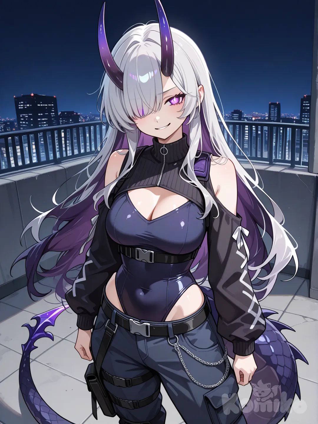 1girl, light grey hair, dark purple inner hair, purple eyes, x-shaped pupils, layered clothes, dark blue leotard, looking at viewer, long hair, dark blue pants, cargo pants, dark purple horns, standing, streetwear clothes, black belt, highleg high neck leotard with black sleeves, smirk, oni horns, medium breasts, tactical pants, (no jackets), large dragon tail with drak purple scales, cleavage cutout, shoulder cutout, rooftop, one eye covered, glowing eyes