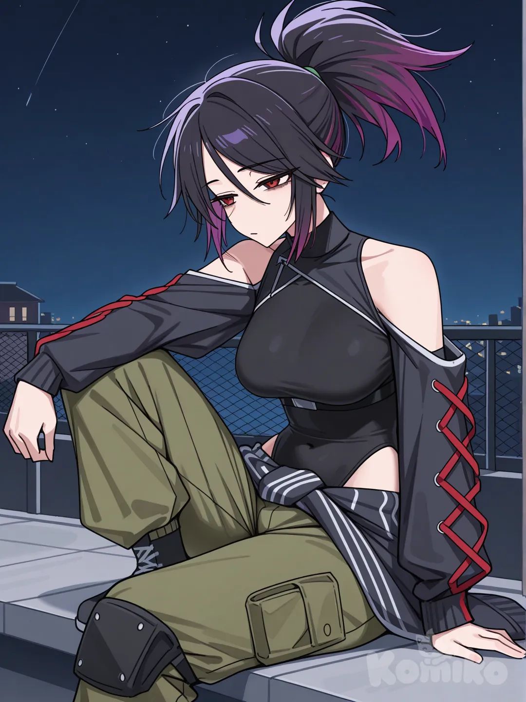 @akali, red eyes, black high leg leotard, cargo pants, detached sleeves, shoulder cutout, medium breasts, cross-laced sleeves, two-tone hair, black hair, purple hair tips, black jacket around waist, rooftop, [toon-shaded-style], sitting, left knee to chest, thumbs holes sleeves, tired eyes