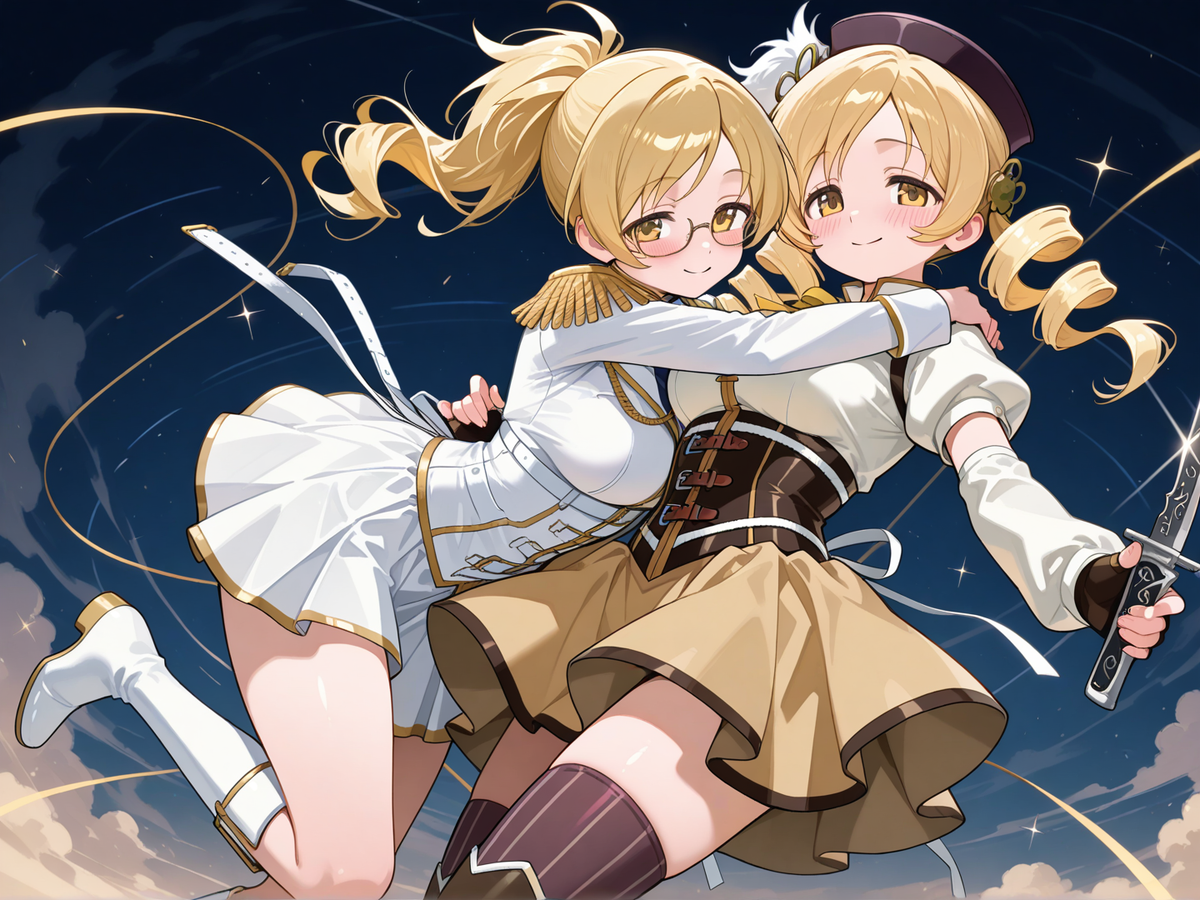 @erwin-milan-InTN, @Tomoe_Mami, 2people, hugging, blush, no guns