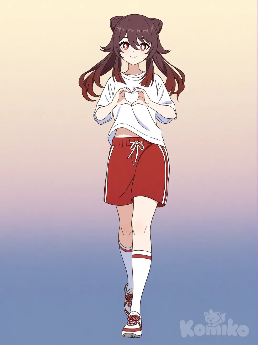 [pop-anime-style], @Hu_Tao_(Genshin_Impact), t-shirt, beach shorts, lace, knee-high socks, updo, full body, ambient light, aquarium, heart hands, smile