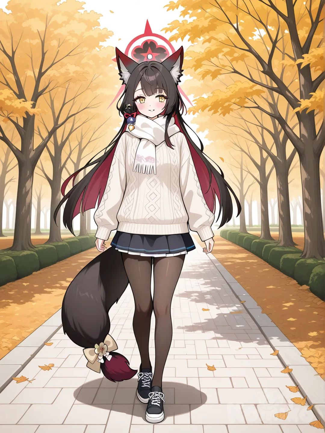 wakamo (blue archive), black and white manga style, Sweater, scarf, skirt, pantyhose, casual shoes,Taking a walk in the park