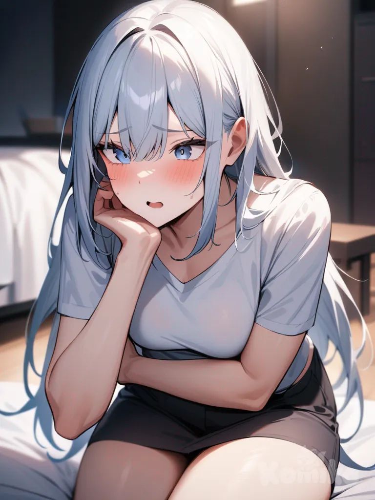 1girl, mature, tall, long black hair, black eyes, purple bra, seductive, spread legs, G-cup breasts, small panties, snow-white thighs, light pink nipples, thin underwear, bedroom setting, sitting on bed, black bikini, single character, full body, looking at viewer, anime style, simple background, white background