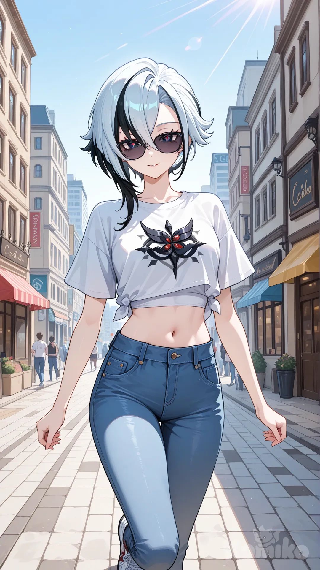 @Arlecchino_(Genshin_Impact) cool big sister style

 #looking at viewer #front view #upper body(Focus on the upper body, from the waist up.)

#cool post #funny

, A thin white crop top., jeans, running shoes, sun glasses

relax , Taking a stroll, walking on a sidewalk , on a sunnyday , in the shopping sreet in capital city.