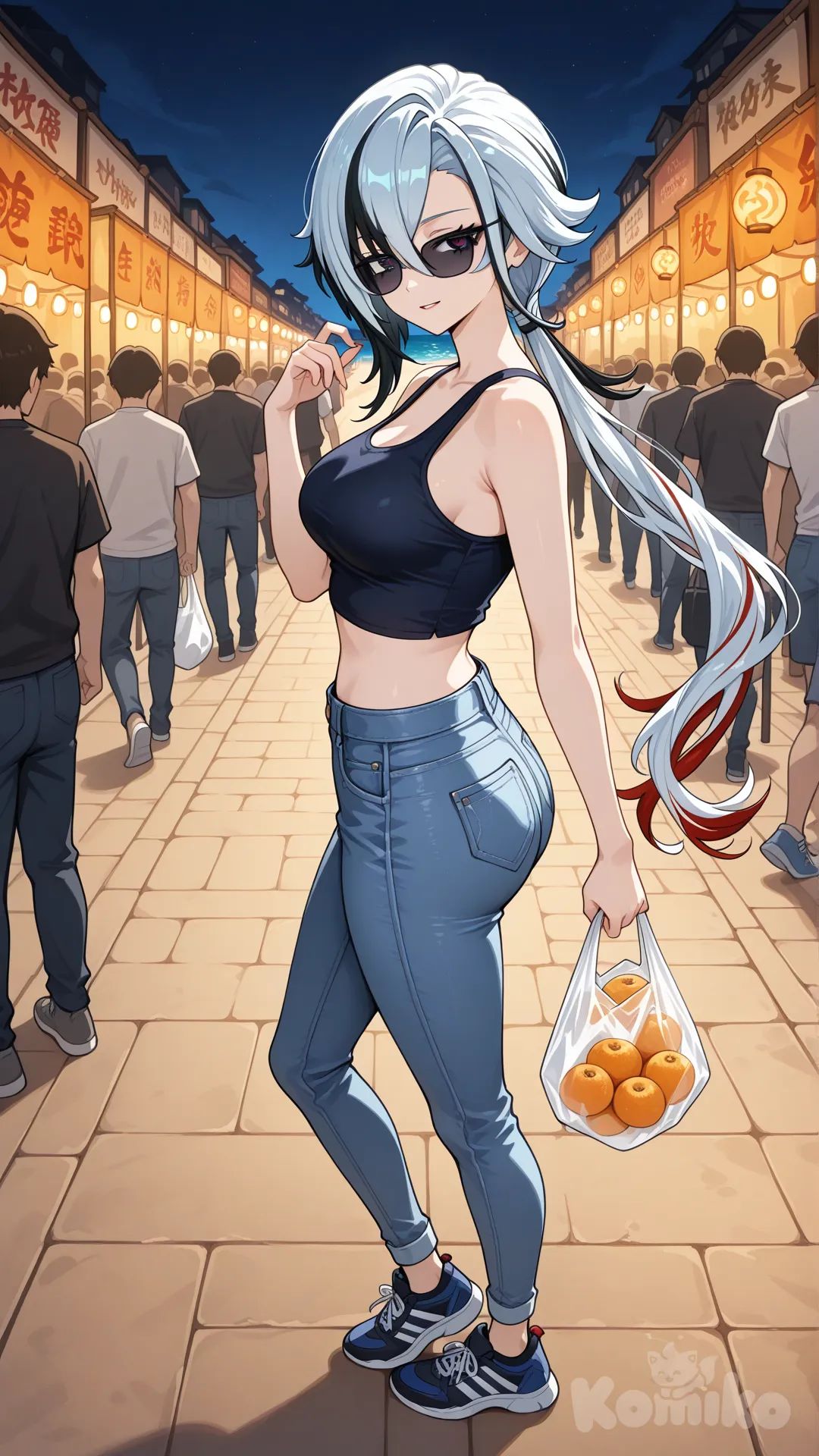 @Arlecchino_(Genshin_Impact) cool big sister style

#big sister style , Very good figure , 

#side view 

 # upper body (Focus on the upper body, from the waist up.)

#looking at viewer #full body#, up view , #full body ,from above , day , funny , relaxed, anime style , 

#cool post

,deep sea blue Thin Cropped tank top , jeans , deep sea blue running shoes , sun glasses

relax , Taking a stroll, walking on a sidewalk , on a midnight sunnyday , in the sreet in night market , It has a view of the sea and beach as a backdrop

She is now strolling through the night market, amidst the crowds, carrying a bag full of fruit in her hands.