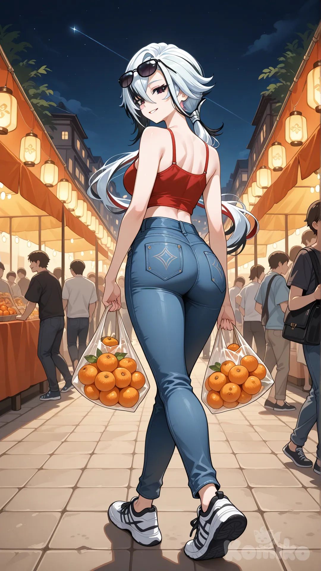@Arlecchino_(Genshin_Impact) cool big sister style

#big sister style , Very good figure , 

#side view 

 # upper body (Focus on the upper body, from the waist up.)

#looking at viewer #full body#, up view , #full body ,from above , day , funny , relaxed, anime style , 

#cool post

,red Thin Cropped tank top , jeans , deep sea blue running shoes , sun glasses

relax , Taking a stroll, walking on a sidewalk , on a midnight sunnyday , in the sreet in night market , It has a view of the sea and beach as a backdrop

She is now strolling through the night market, amidst the crowds, carrying a bag full of fruit in her hands.